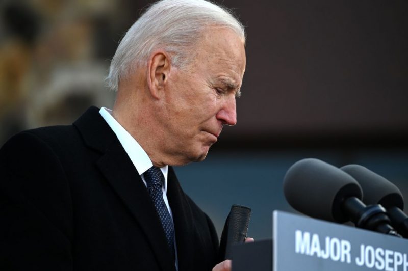 US President-Elect Joe Biden is tearful tear as he speaks at Major Joseph R. "Beau" Biden III National Guard /Reserve Center in New Castle Airport on January 19, 2021, in New Castle, Delaware, before departing for Washington, DC. (Photo by JIM WATSON / AFP) (Photo by JIM WATSON/AFP via Getty Images)