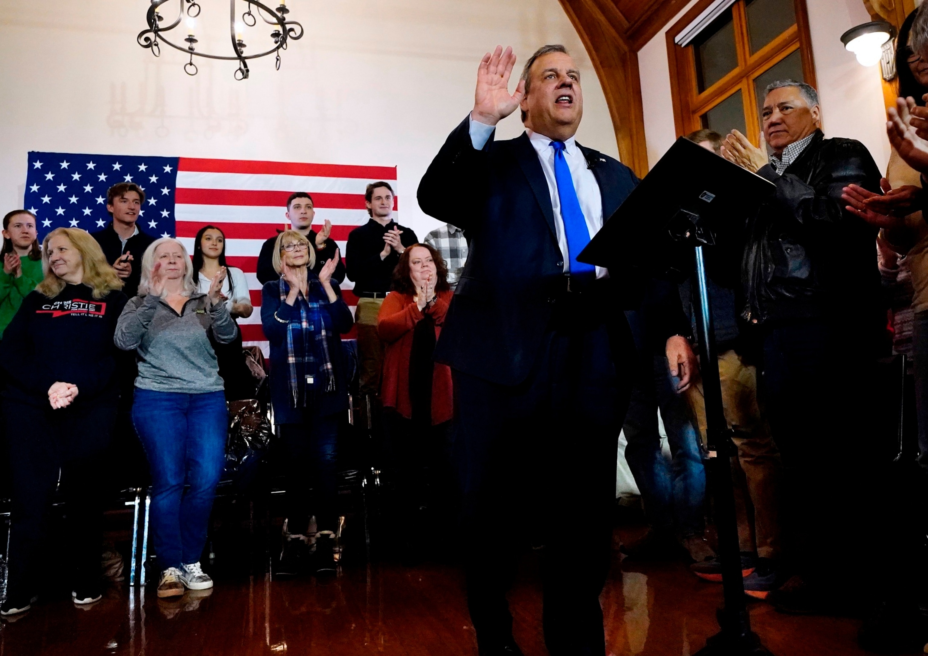 PHOTO: Republican presidential candidate former New Jersey Gov. Chris Christie acknowledges applause at a town hall campaign event where he announced he is dropping out of the race, on Jan. 10, 2024, in Windham, N.H.