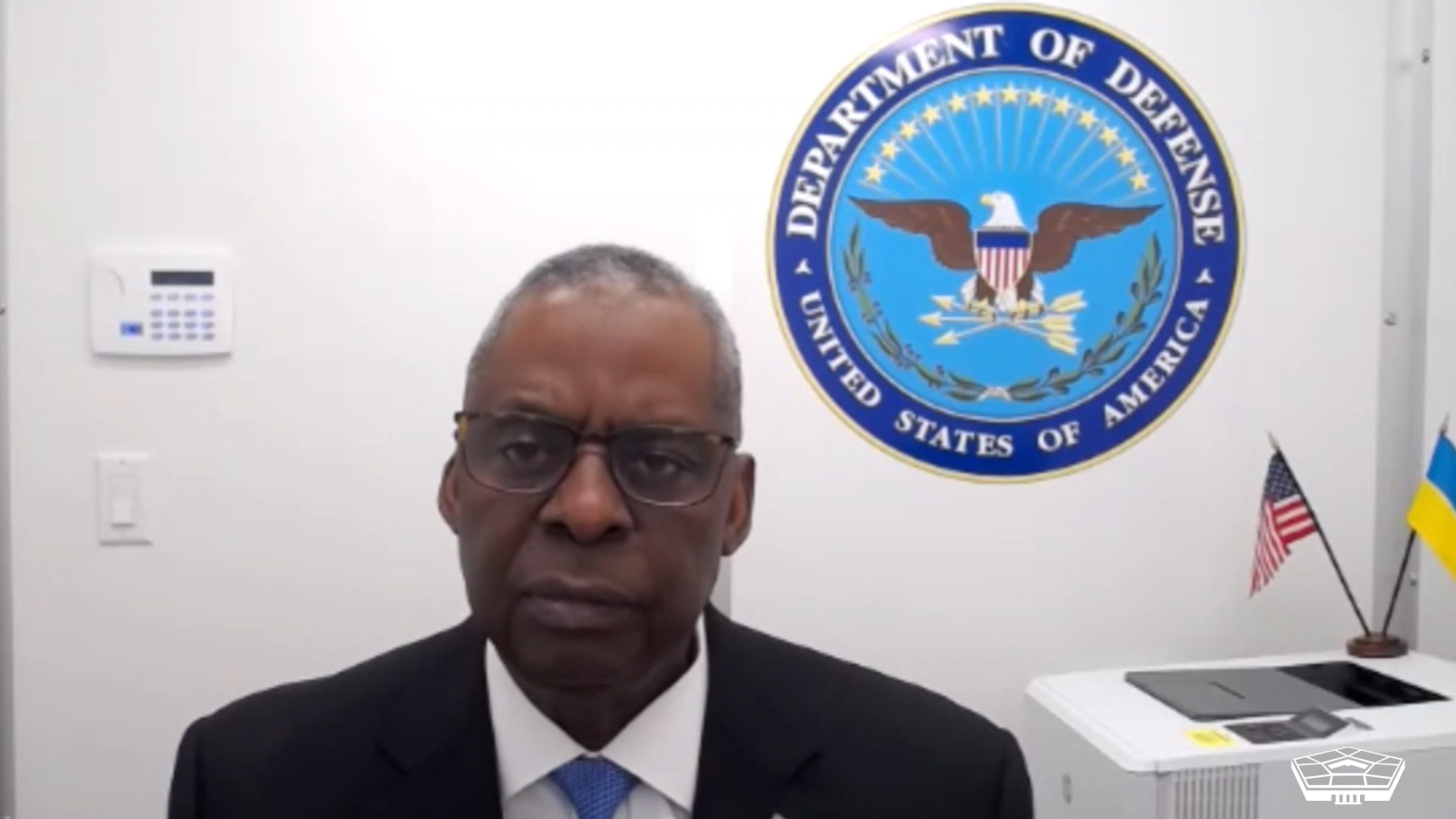 PHOTO: Defense Secretary Lloyd Austin is seen making his first public appearance on Jan. 23, 2024 since his hospitalization while participating from his home in a videoconference.