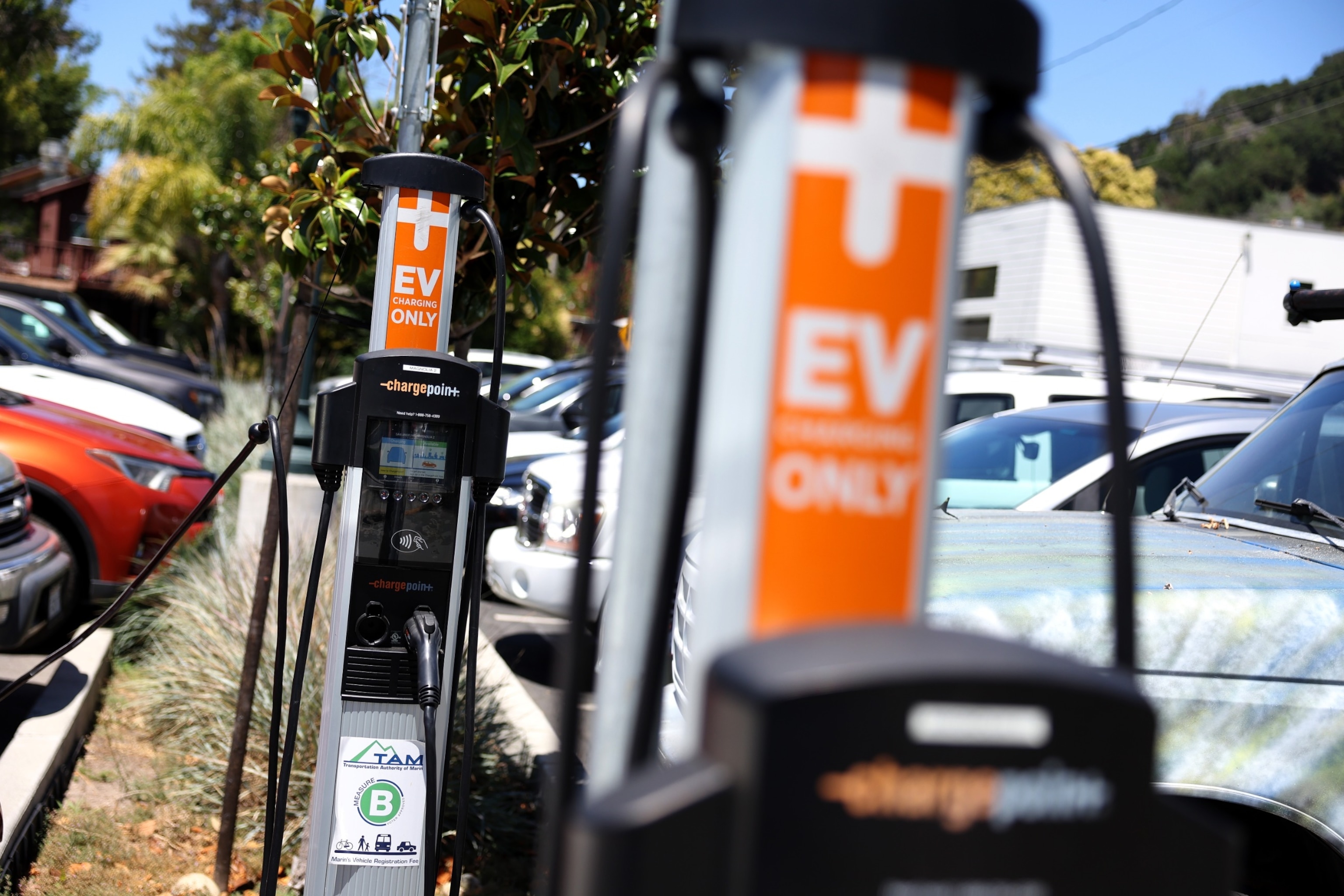 PHOTO: A view of a Charge Point EV charging station, July 28, 2023, in San Anselmo, Calif.