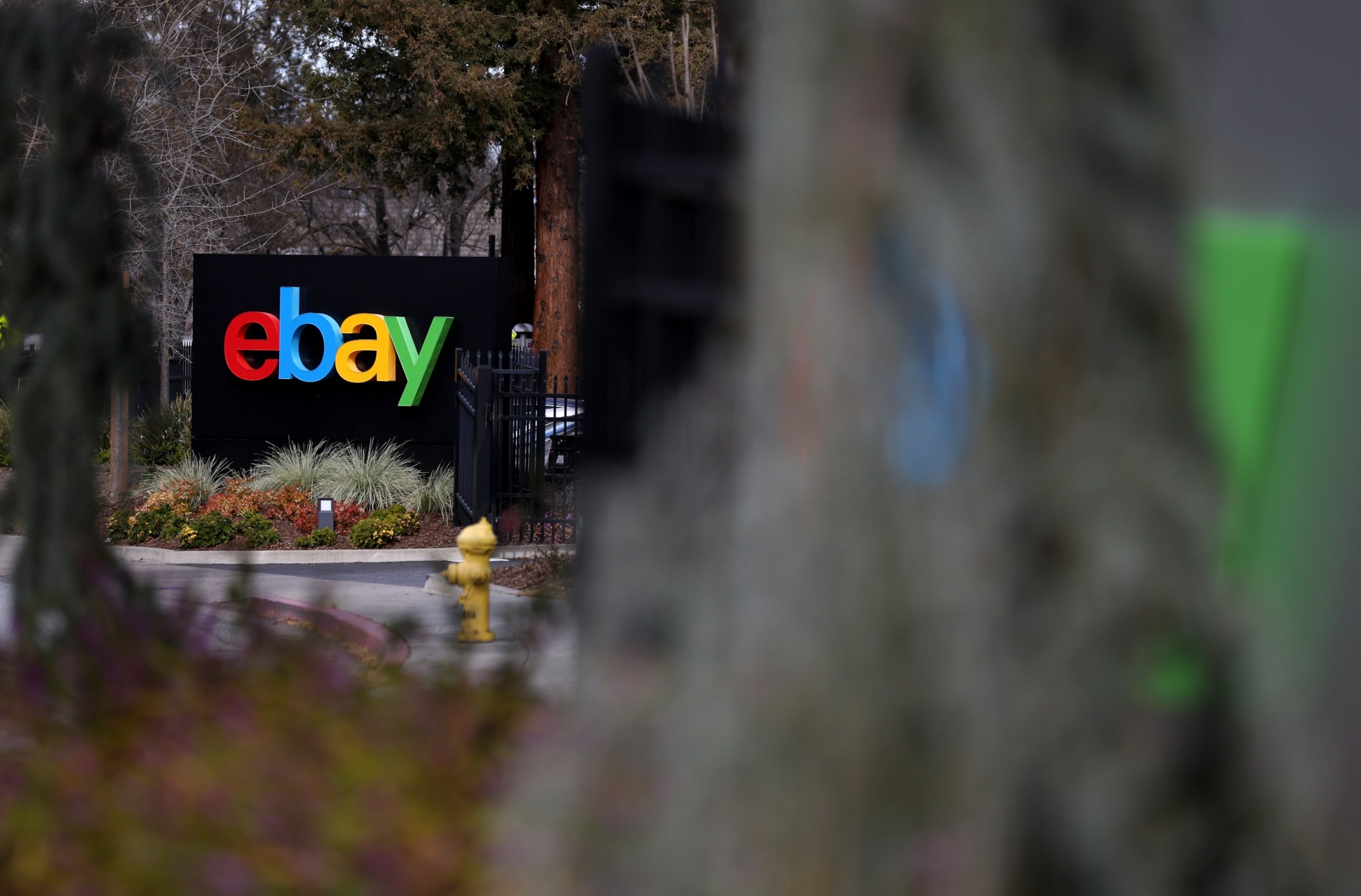 PHOTO: A sign is posted in front of eBay headquarters, Feb. 22, 2023, in San Jose, Calif.