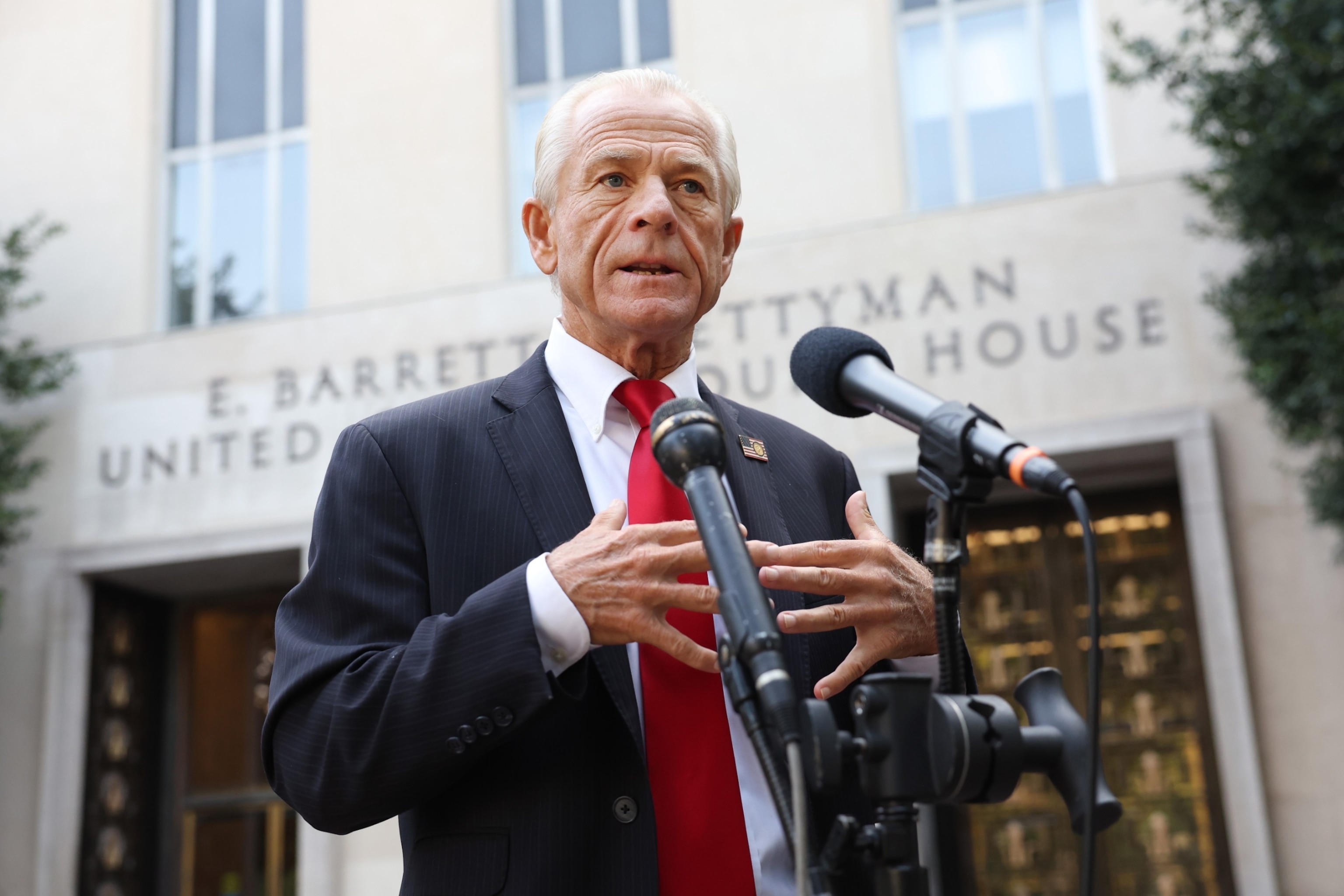 PHOTO: In this Sept. 7, 2023 file photo, Peter Navarro, an advisor to former U.S. President Donald Trump, speaks to reporters as he arrives at the E. Barrett Prettyman Courthouse in Washington.