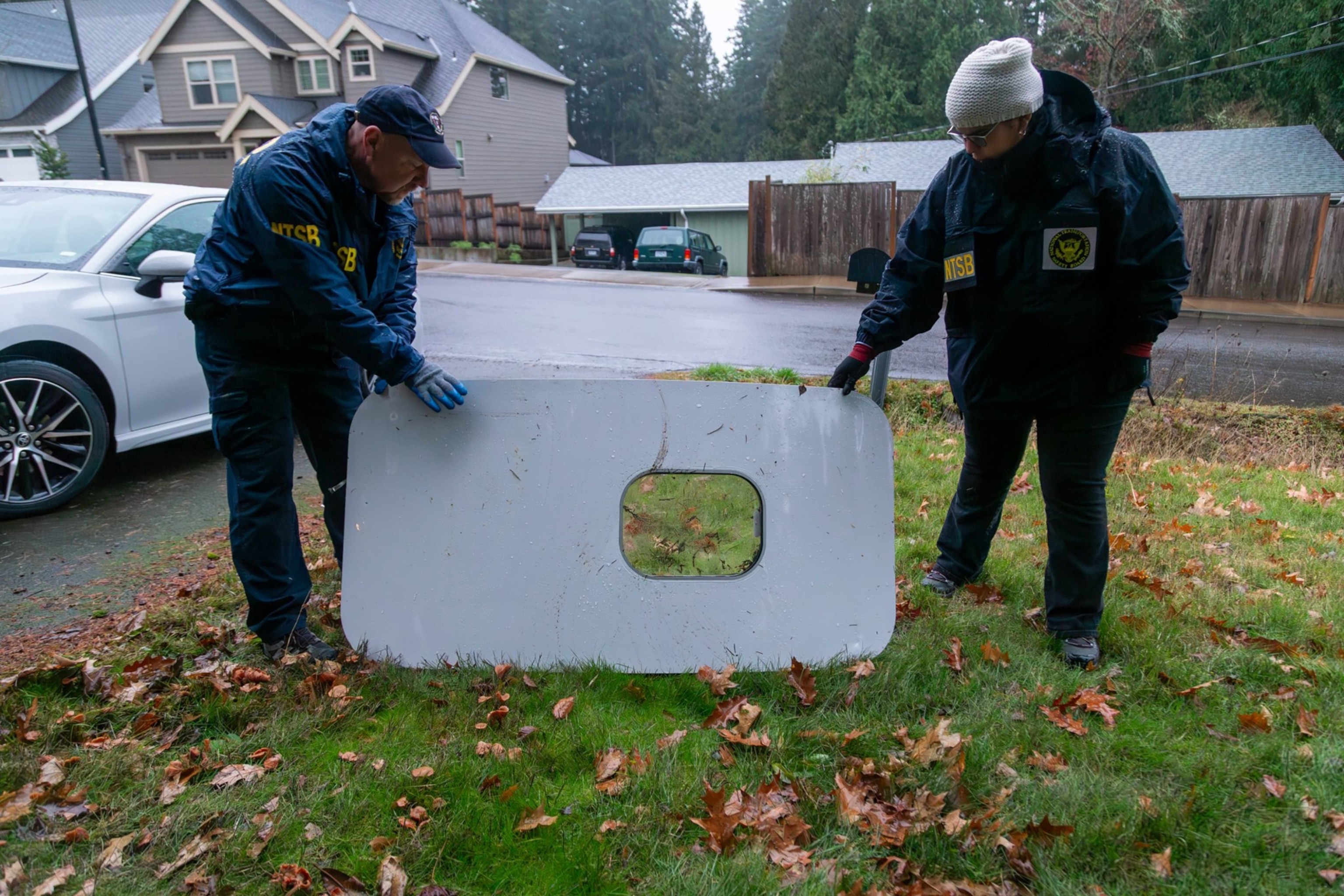 PHOTO: NTSB investigators have recovered the door plug from the Alaska Airlines Boeing 737-9 MAX, flight 1282 that was found in the backyard of a home in Portland, Oregon.