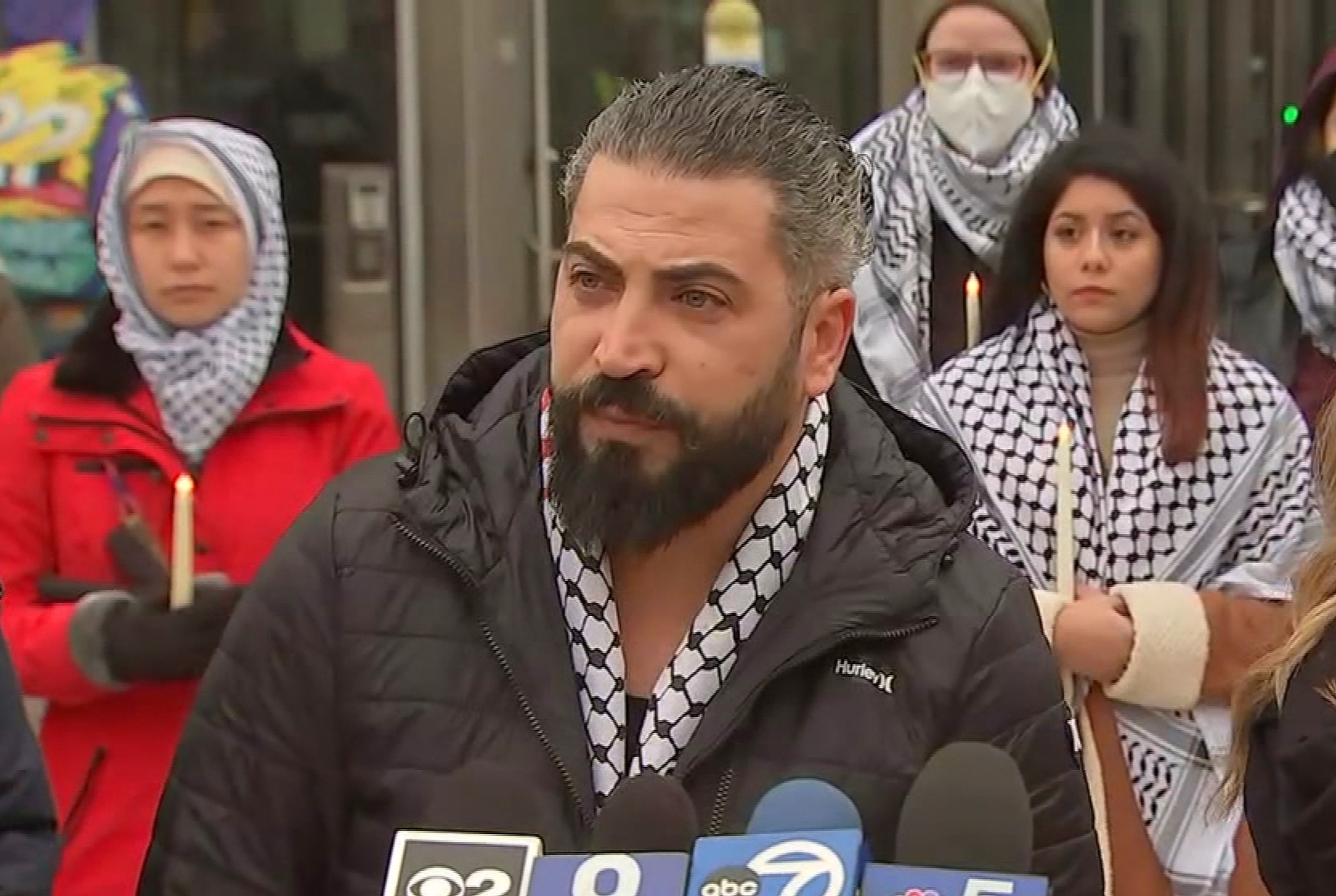 PHOTO: Odai Al-Fayoume, the father of Wadee Al-Fayoume, a 6-year-old Muslim boy fatally stabbed in a hate crime police say was linked to the Israel-Hamas war, speaks at a Jan. 3, 2023, vigil before a court hearing for the 71-year-old suspect in the crime.