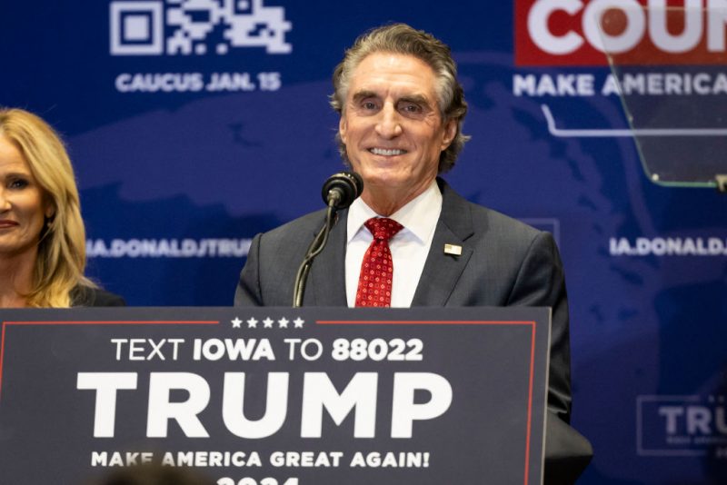 North Dakota Governor Doug Burgum speaks during a "commit to caucus rally" in Indianola, Iowa, on January 14, 2024. (Photo by Christian MONTERROSA / AFP) (Photo by CHRISTIAN MONTERROSA/AFP via Getty Images)