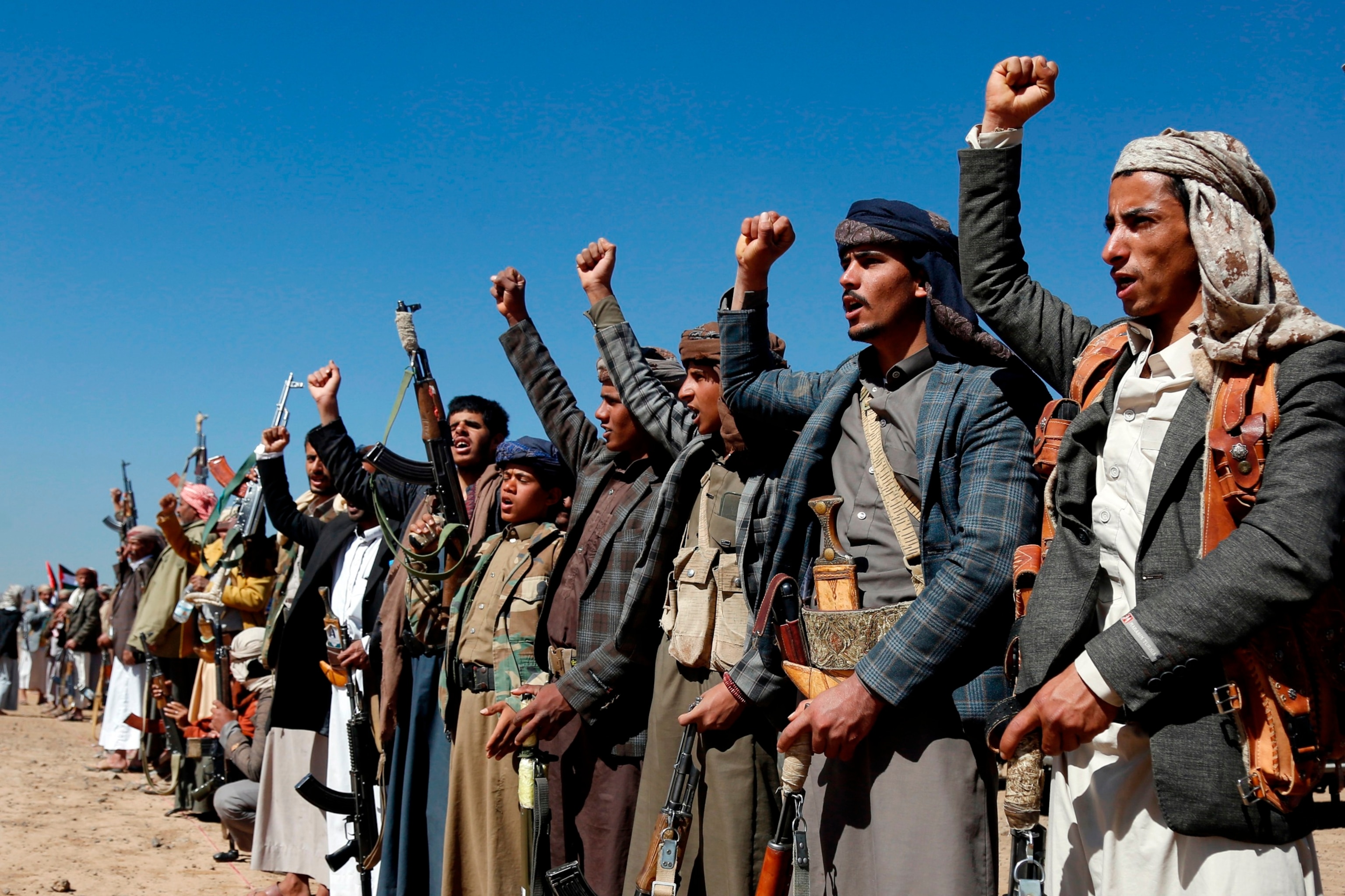 PHOTO: Houthi fighters and tribesmen rally against the U.S. and the U.K. strikes on Houthi-run military sites near Sanaa, Yemen, Jan. 14, 2024. 