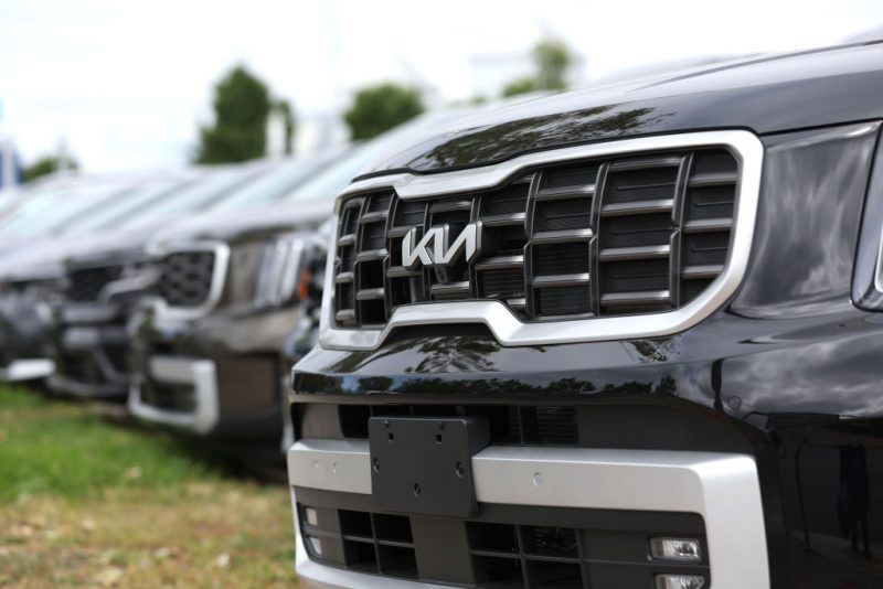 SAN LEANDRO, CALIFORNIA - MAY 30: New Kia cars are displayed on the sales lot at San Leandro Kia on May 30, 2023 in San Leandro, California. A surge in Kia and Hyundai thefts began last year after viral videos appeared on social media sites showing how to exploit the lack of antitheft computer chips in the cars. Kia and Hyundai cars continue to be stolen more than three months after the auto manufacturers deployed software fixes to help curb the thefts. (Photo by Justin Sullivan/Getty Images)