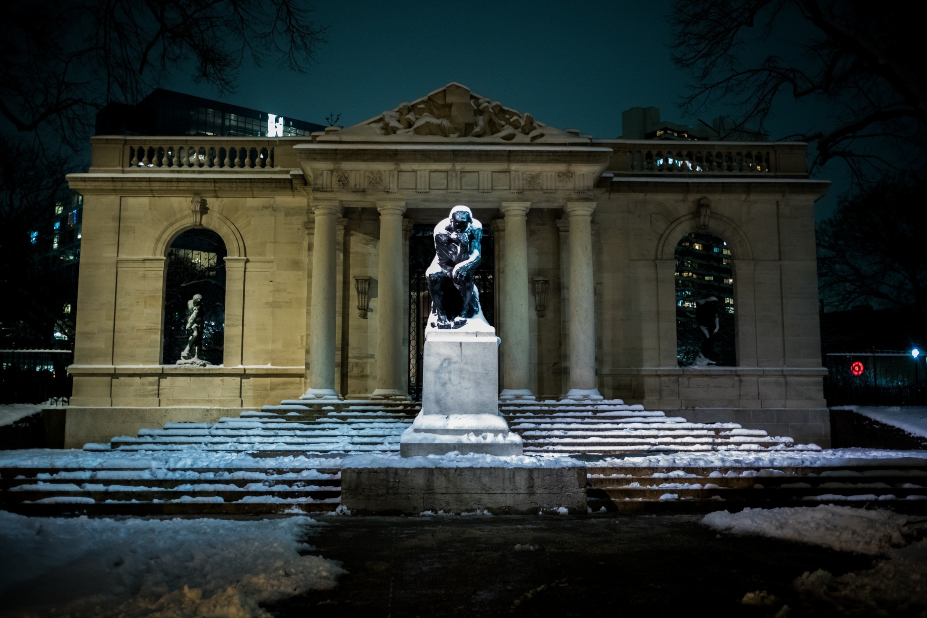 PHOTO: The Thinker Statue after snowfall in Philadelphia, Jan. 19, 2024. 