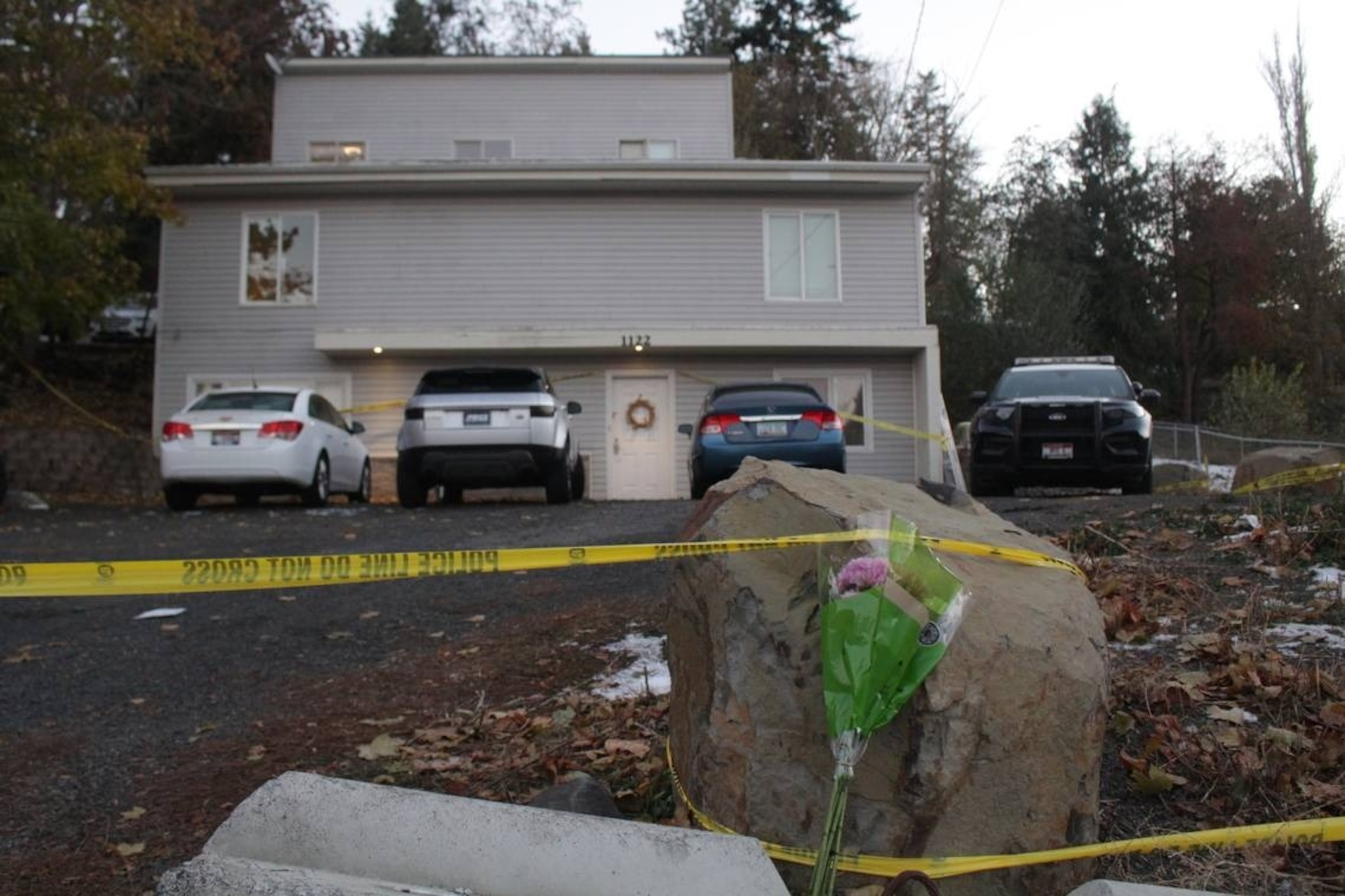 PHOTO: In this Dec. 22, 2022, file photo, flowers were left at the house where four University of Idaho students were found dead, in Moscow, Idaho.