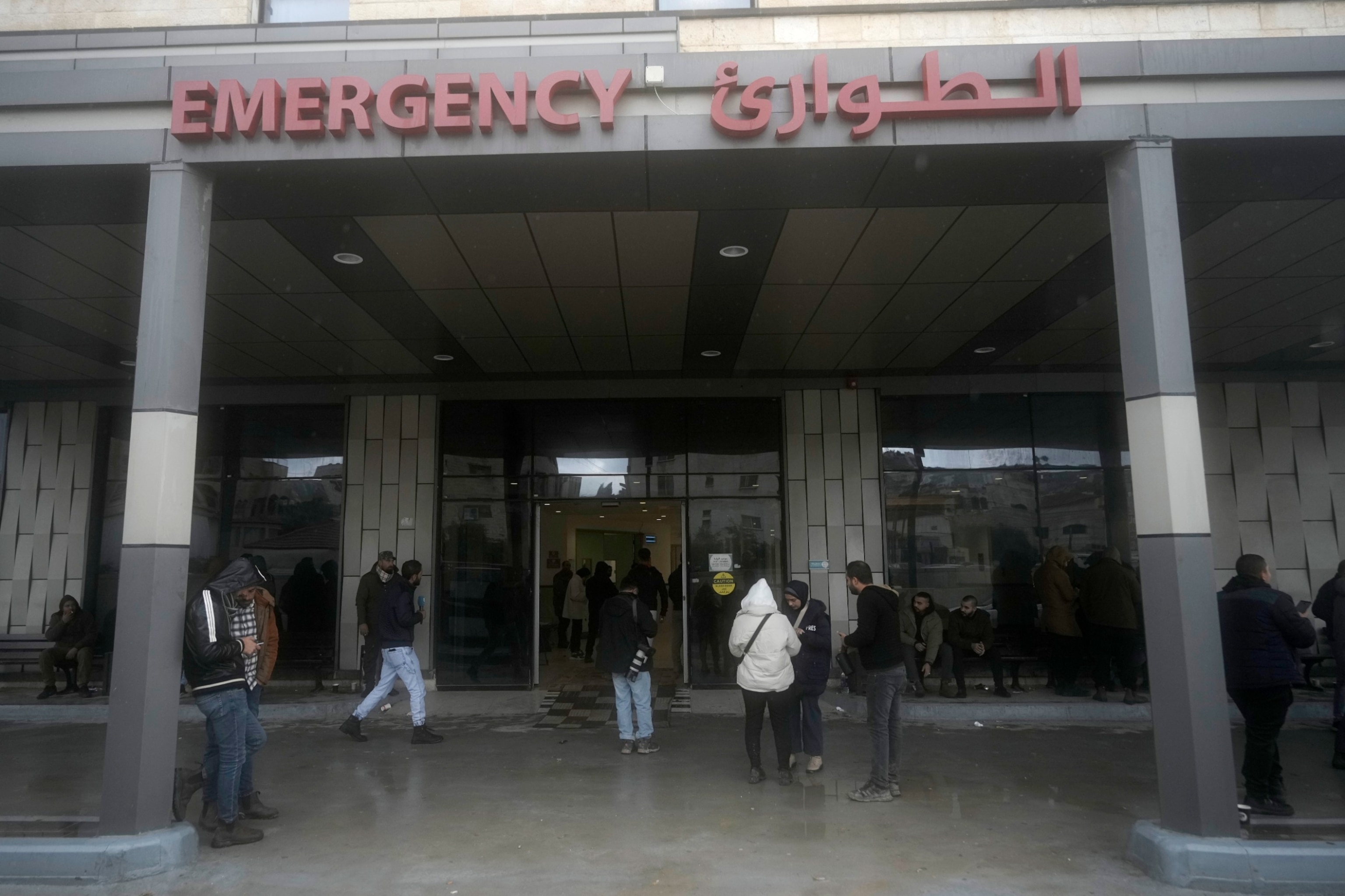 PHOTO: Journalists gather outside of Ibn Sina Hospital following a deadly Israeli military raid in the West Bank town of Jenin, Jan. 30, 2024. 