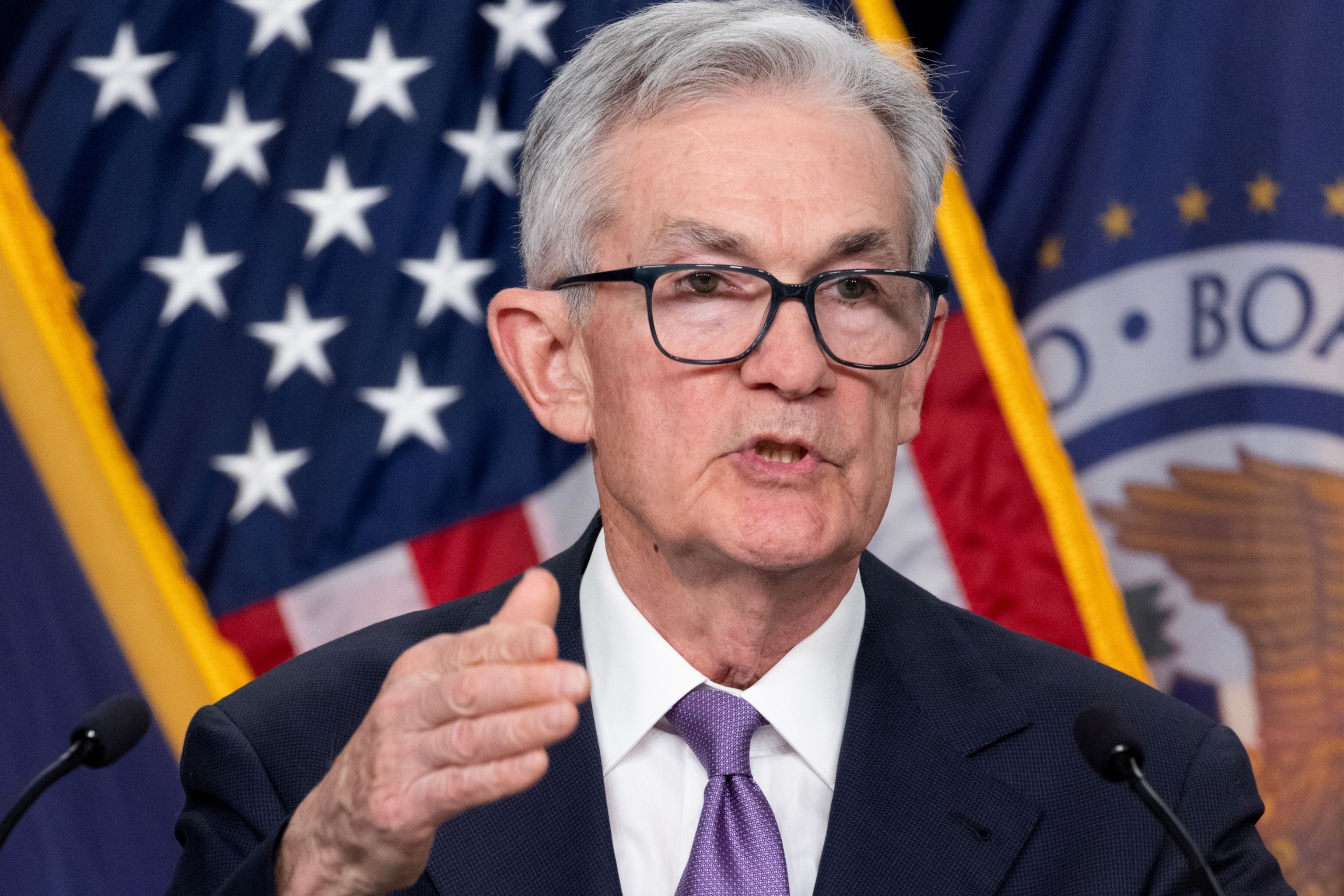 PHOTO: US Federal Reserve Board Chairman Jerome Powell holds a news conference at the William McChesney Martin Jr. Federal Reserve Board Building in Washington, D.C., on Dec. 13, 2023.