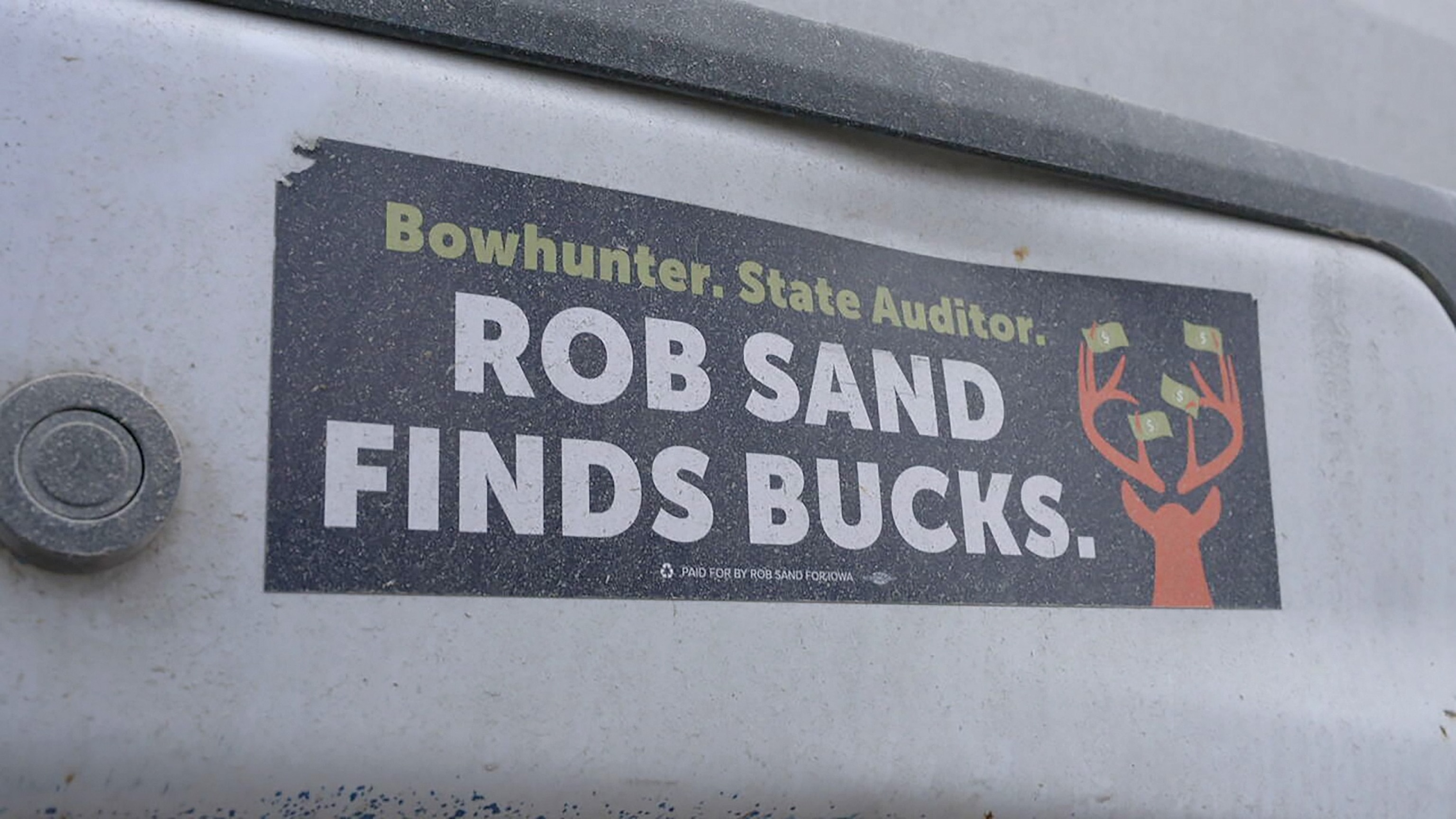 PHOTO: A bumper sticker on back of Rob Sand's pickup truck.