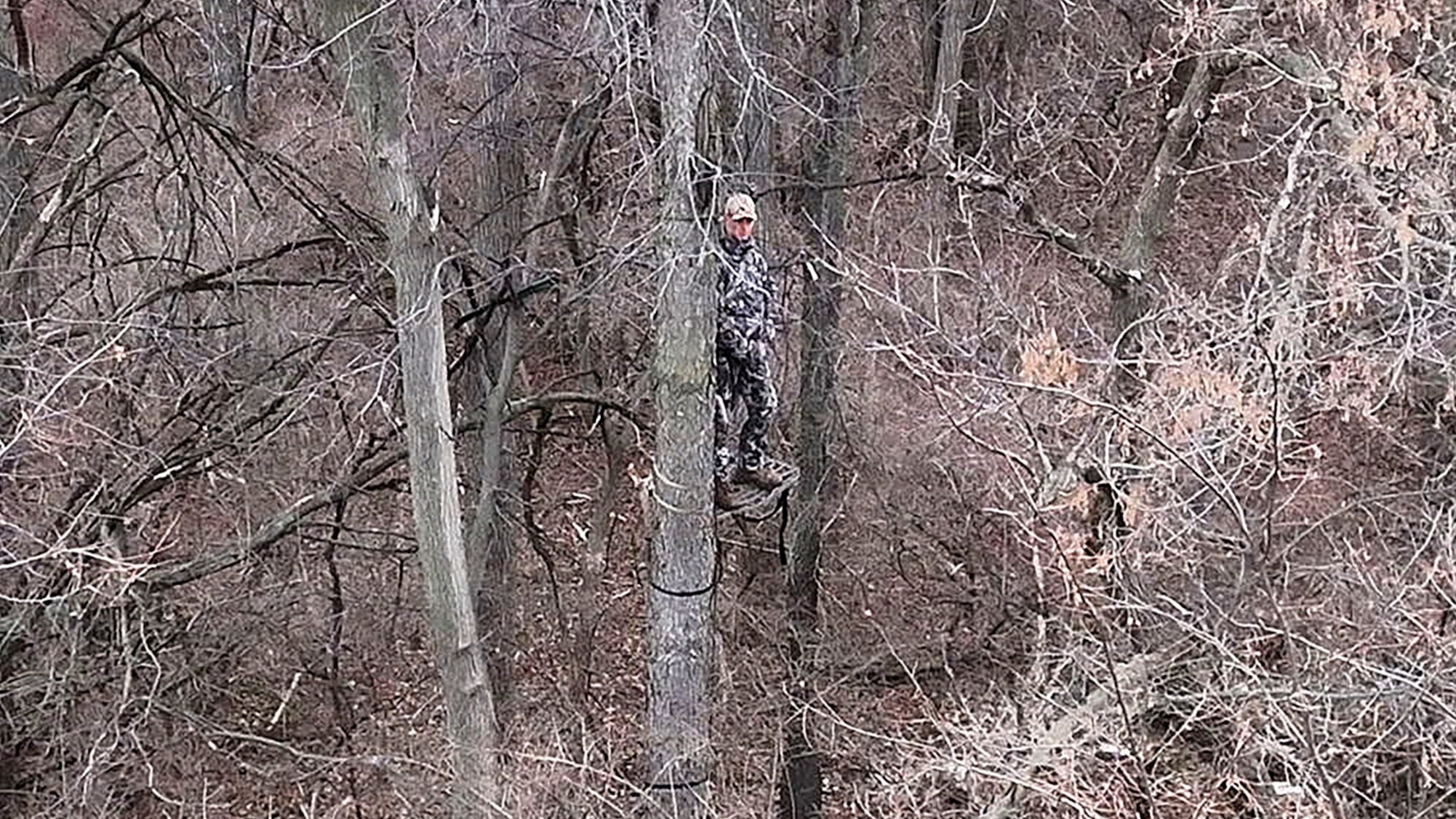 PHOTO: Rob Sand camouflaged in a tree stand while hunting in Iowa, Des Moines, IA.