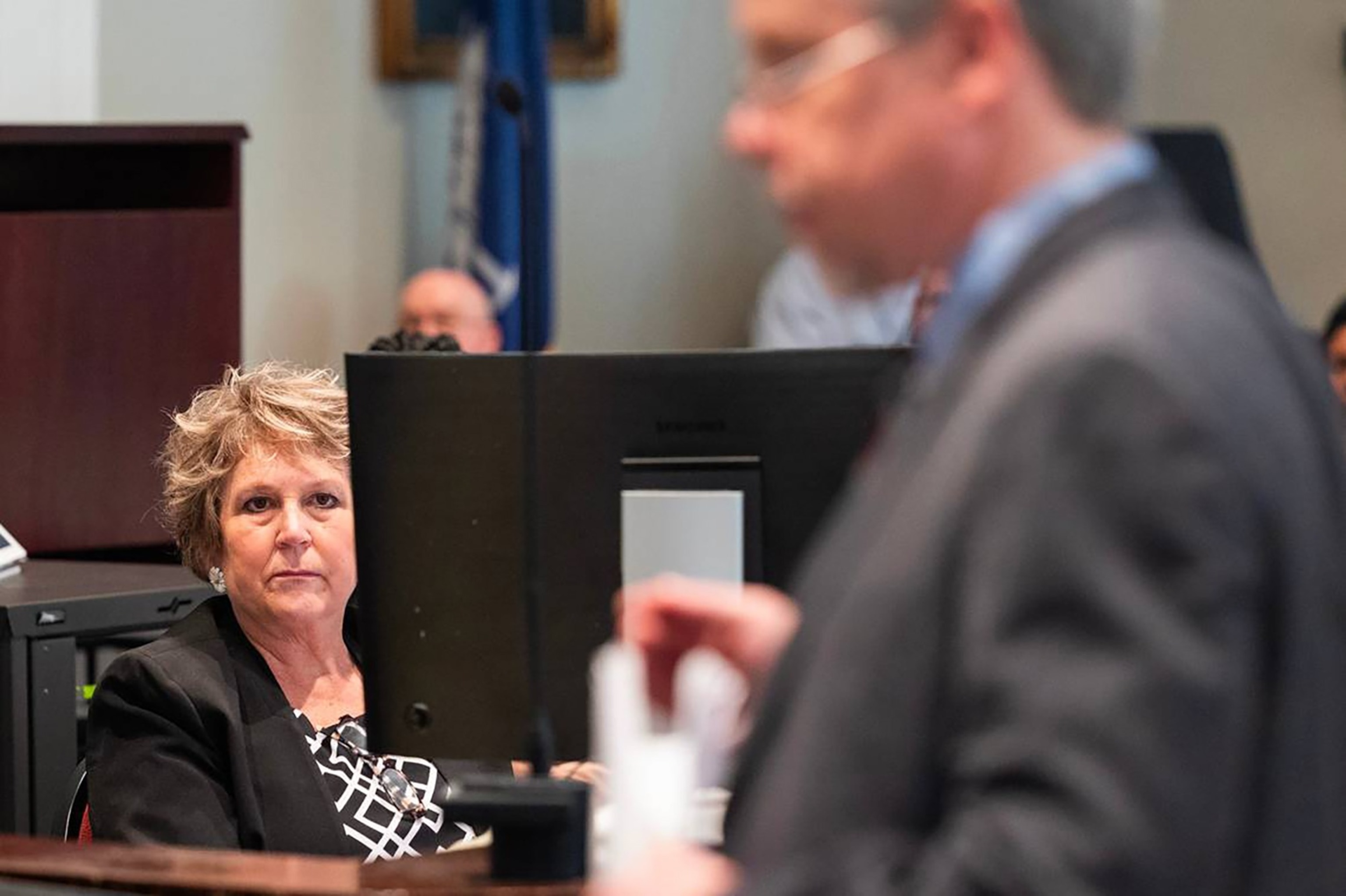 PHOTO: Colleton County Clerk of Court Rebecca Hill listens as Prosecutor Creighton Waters makes closing arguments in Alex Murdaugh's trial for murder at the Colleton County Courthouse on March 1, 2023, in Walterboro, S.C. 