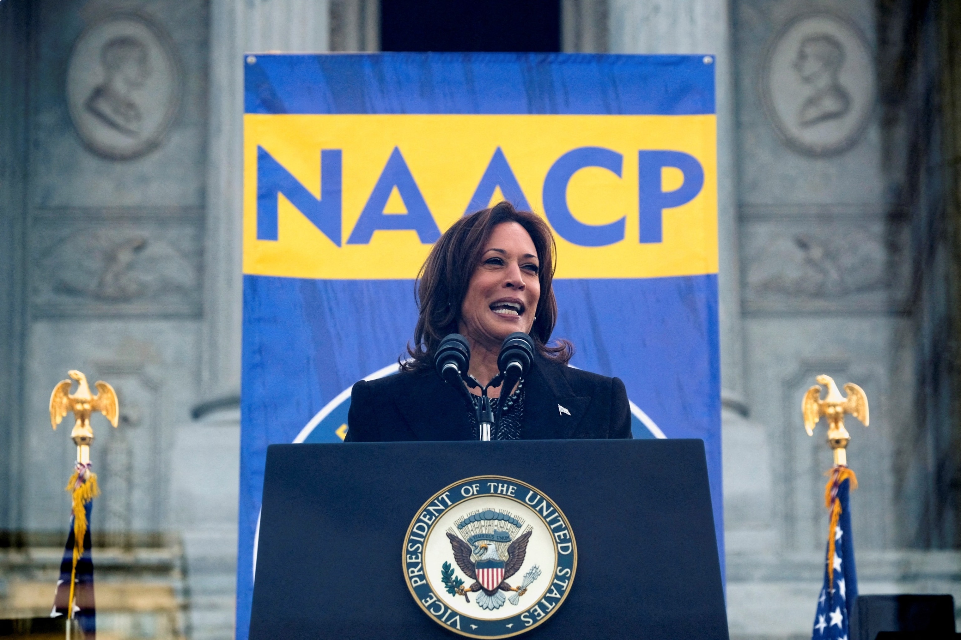 PHOTO: Vice President Kamala Harris speaks outside the South Carolina State House in Columbia, South Carolina, Jan. 15, 2024. 