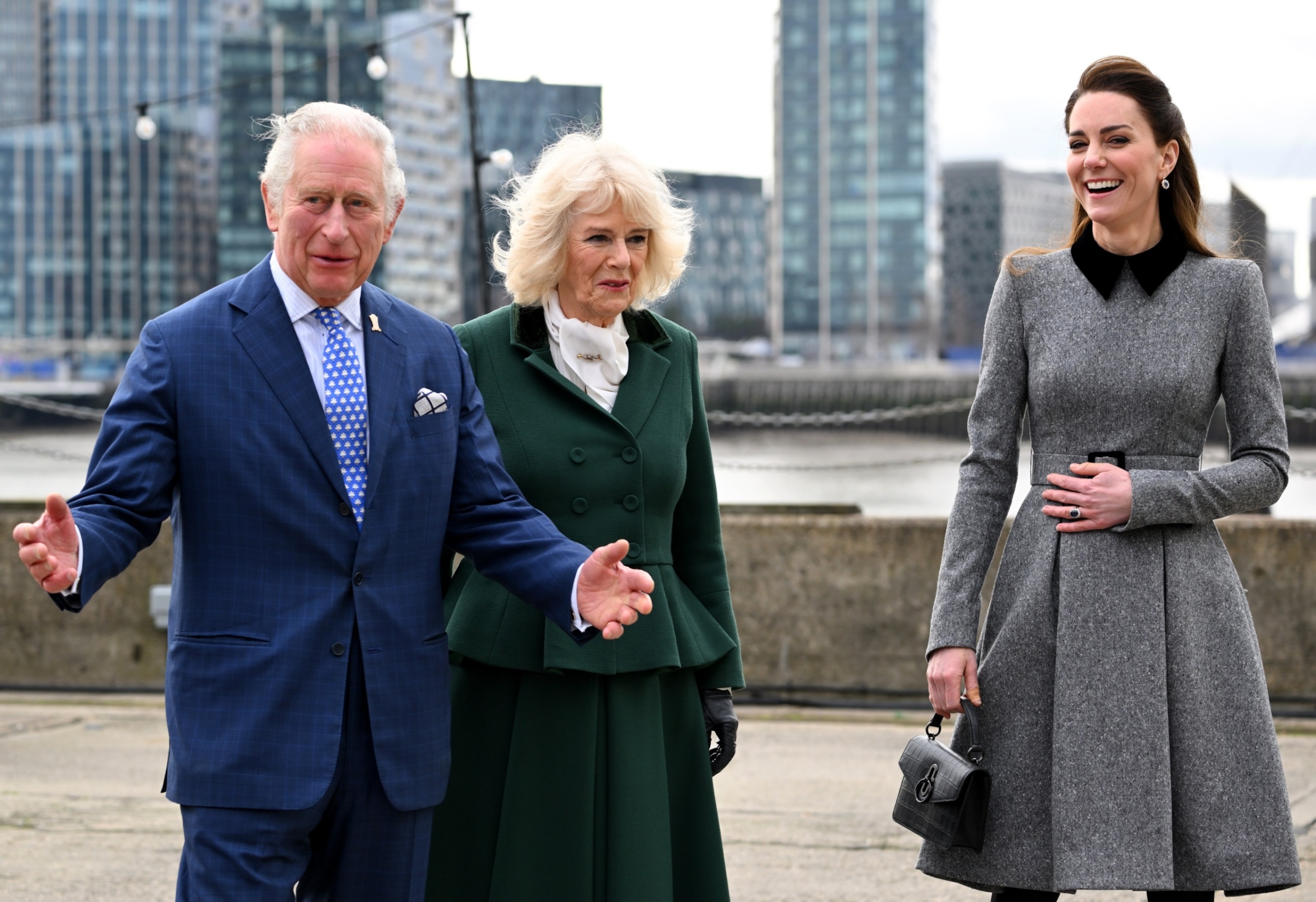 PHOTO: Prince Charles, Prince of Wales, Camilla, Duchess of Cornwall and Catherine, Duchess of Cambridge arrive for their visit to The Prince's Foundation training site for arts and culture at Trinity Buoy Wharf, Feb. 3, 2022, in London.