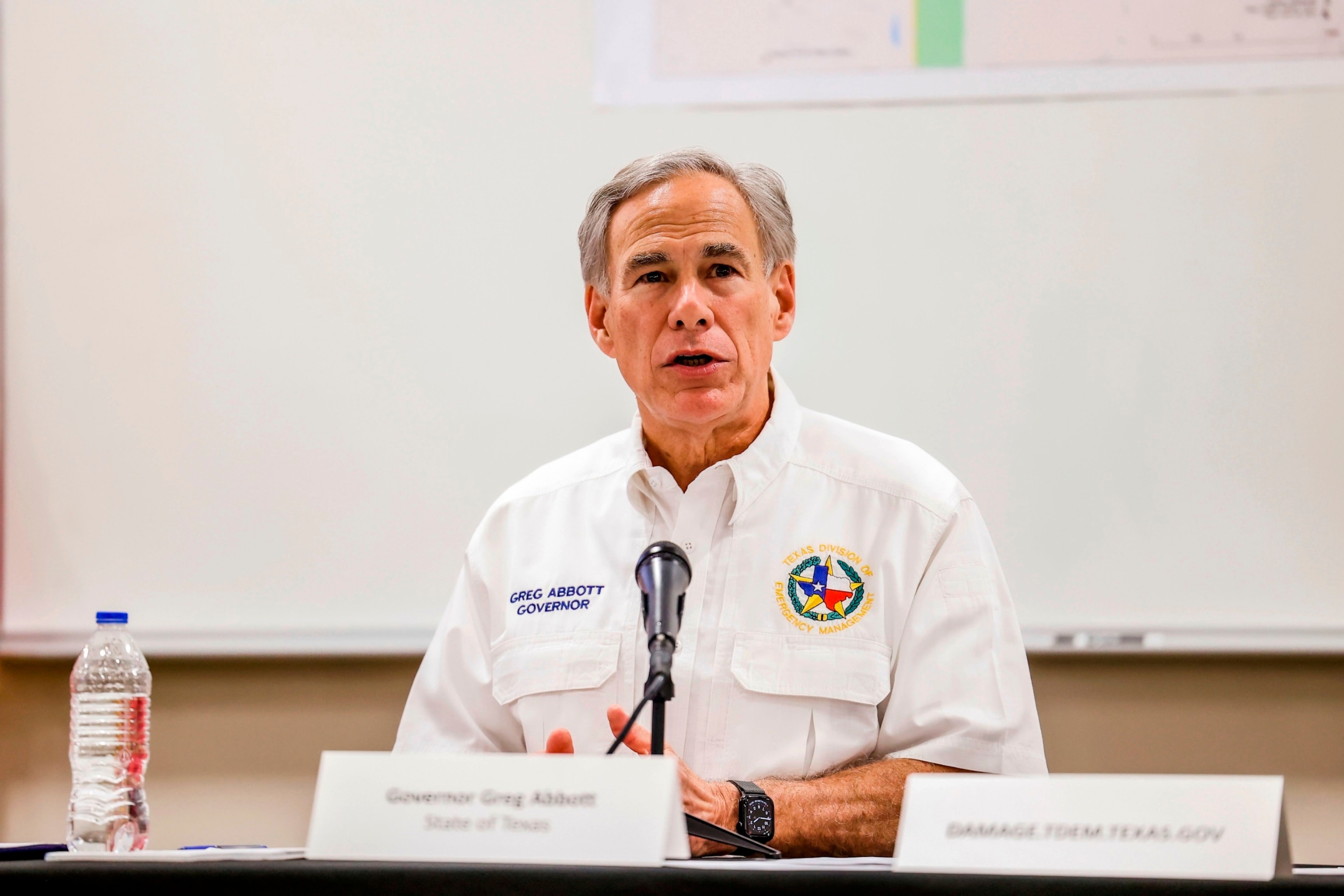 PHOTO: Governor Greg Abbott speaks at a news conference after surveying tornado damage in Perryton, Texas, June, 17, 2023. 