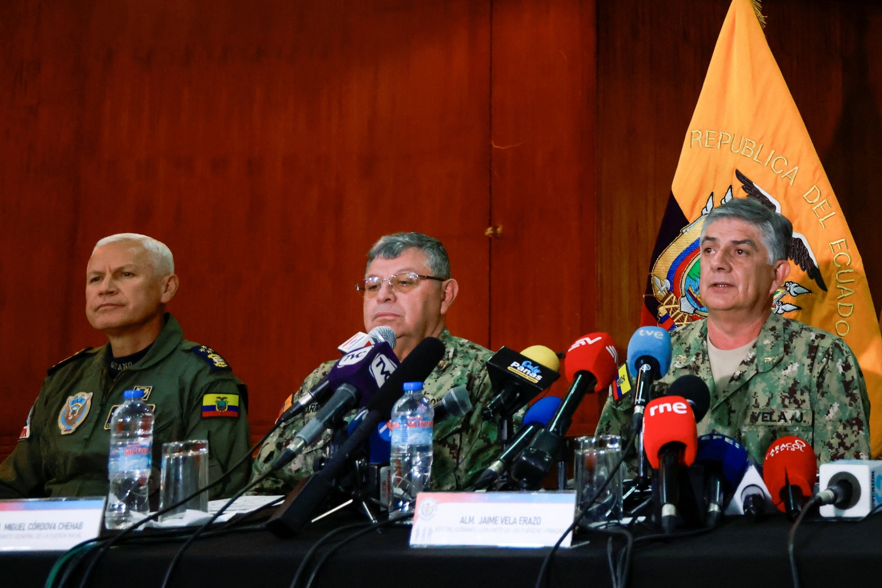 PHOTO: Adm. Jaime Vela Erazo, Chief of the Joint Command of the Armed Forces, speaks accompanied by Admiral Miguel Cordova, Commander of the Navy, and General Celiano Cevallos, Commander of the Air Force, in Quito, Ecuador, Jan. 10, 2024. 