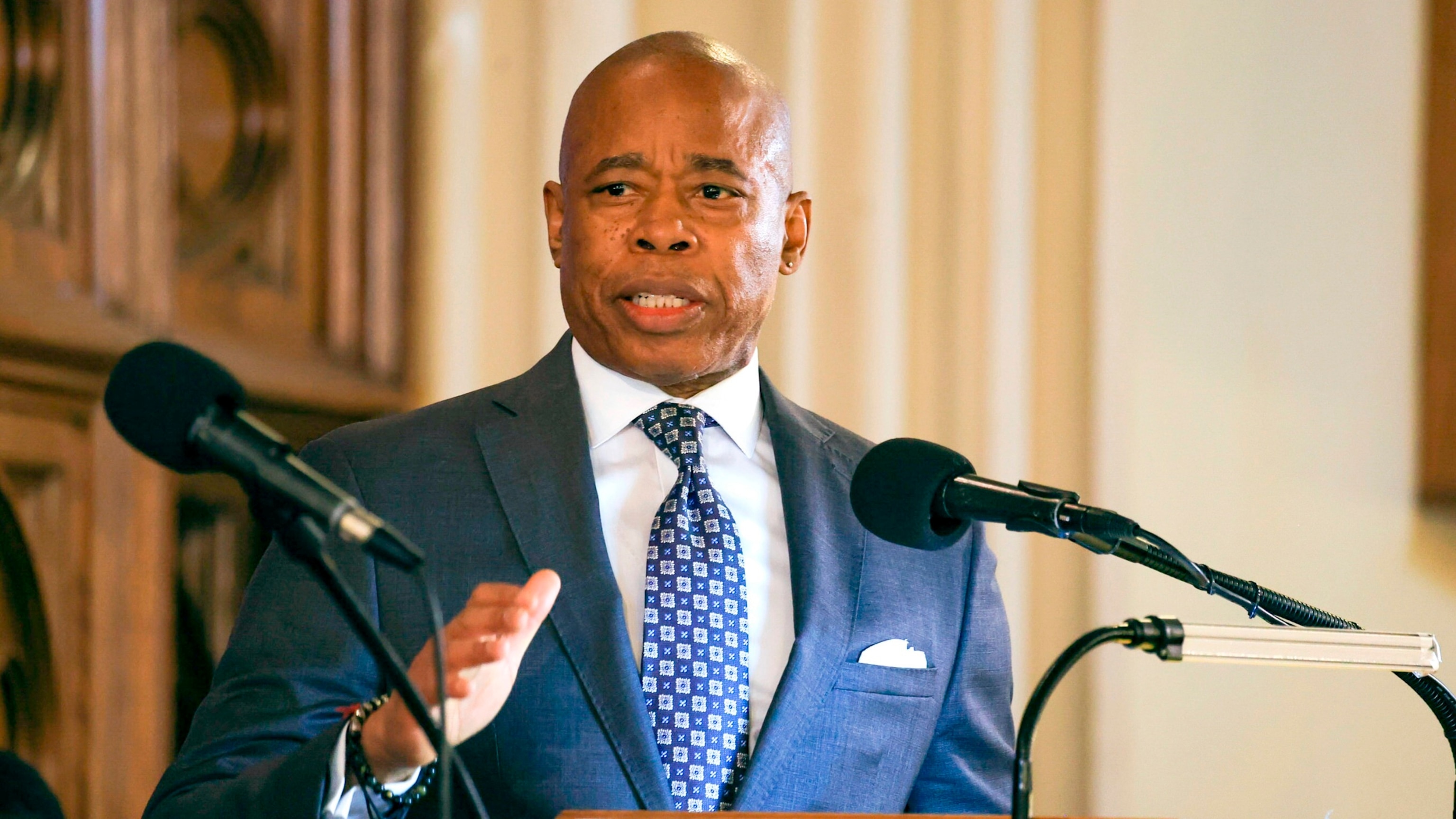 PHOTO: Mayor Eric Adams delivers remarks during Martin Luther King Day celebrations at the Covenant Baptist Church in the Harlem Section of Manhattan, Jan. 15, 2024.