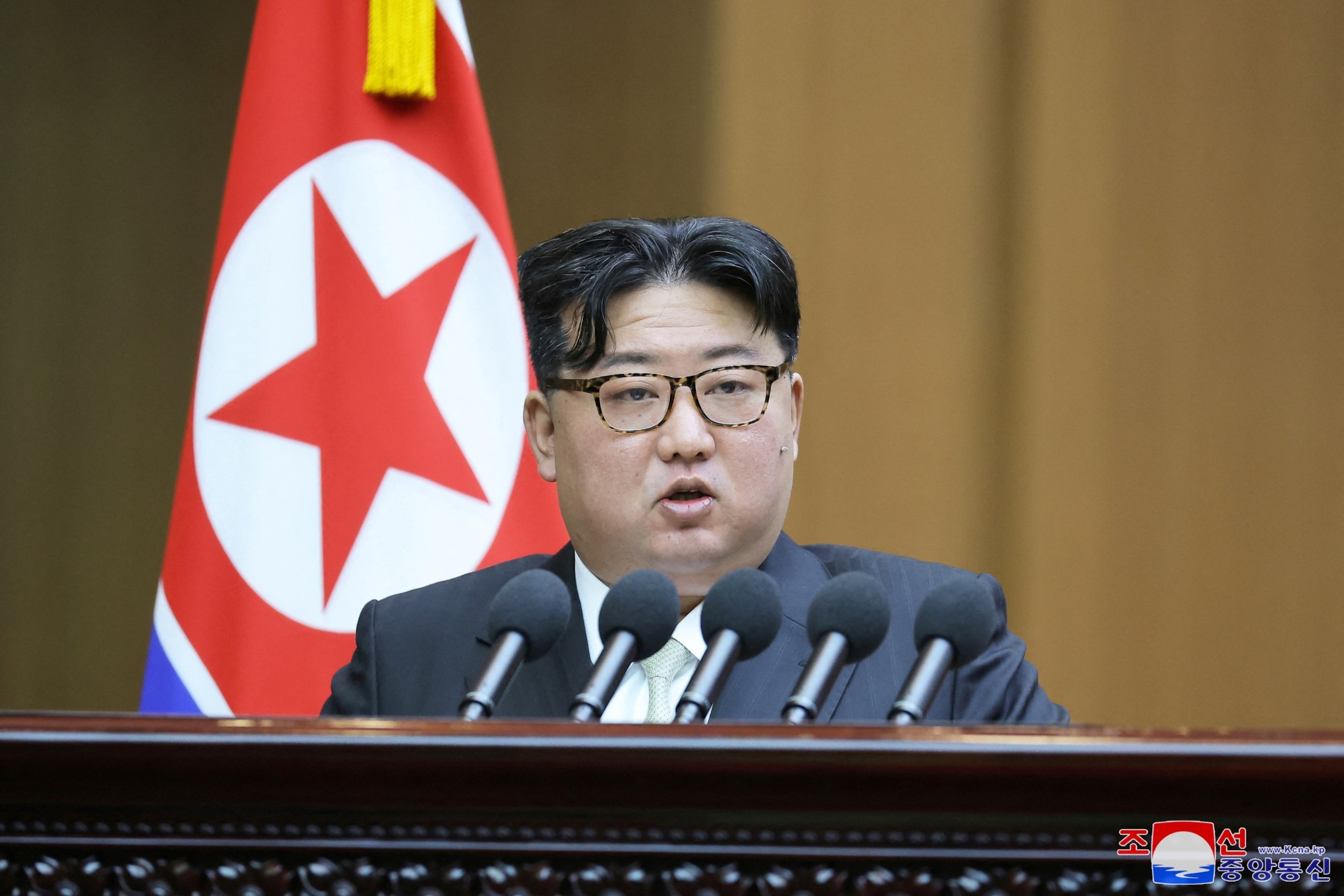 North Korean leader Kim Jong Un attends the 10th session of the 14th Supreme People's Assembly of the Democratic People's Republic of Korea, at the Mansudae Assembly Hall, in Pyongyang, North Korea, January 15, 2024. (KCNA via REUTERS)