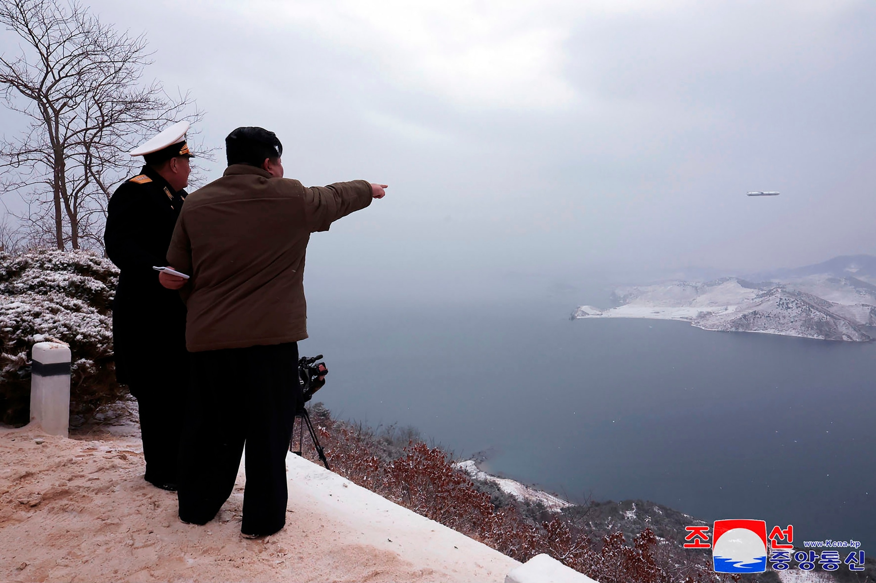 PHOTO: In this photo provided by the North Korean government, North Korean leader Kim Jong Un, right, inspects what it says a test firing of Pulhwasal-3-31 in North Korea Sunday, Jan. 28, 2024. 