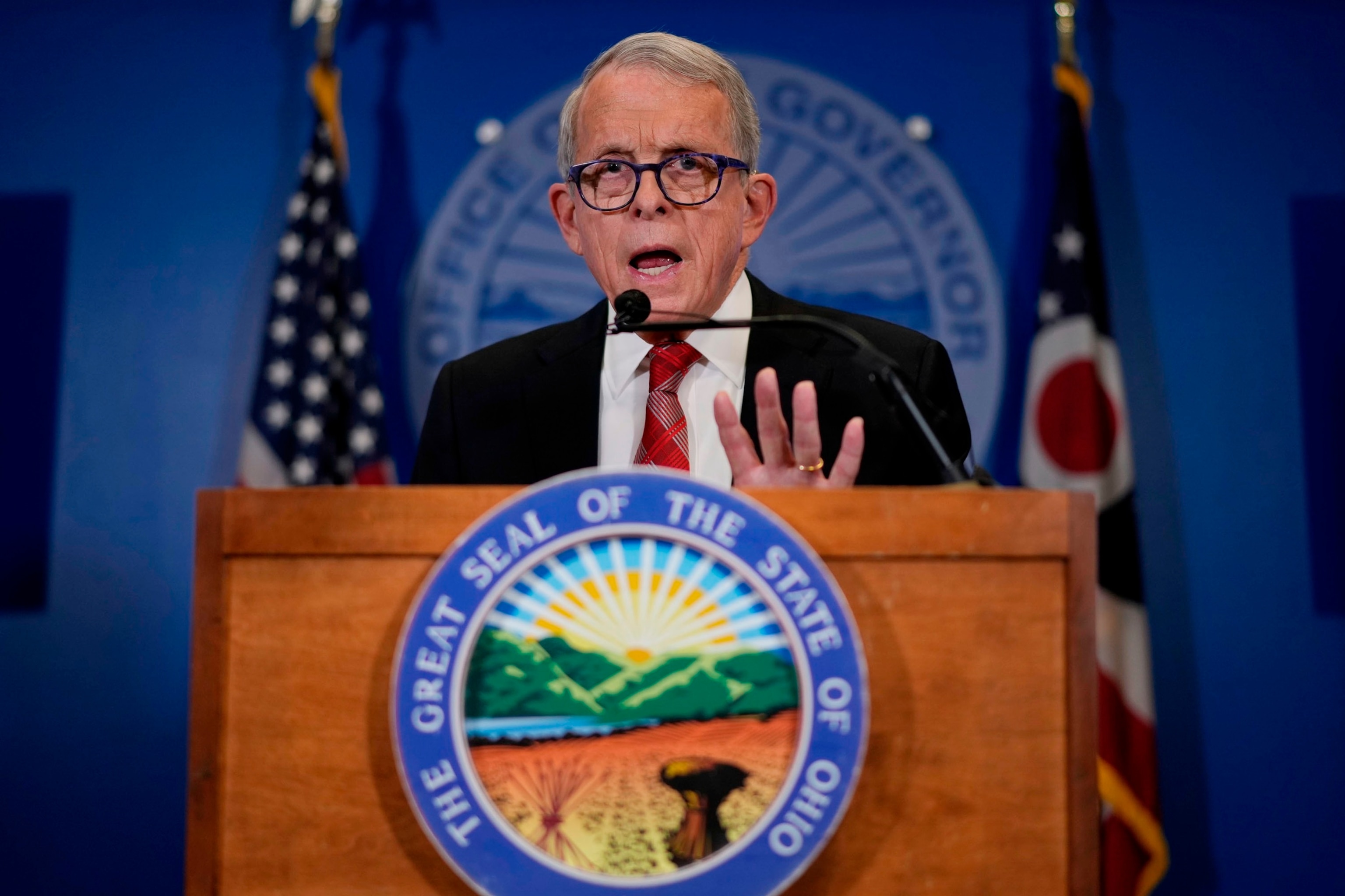 PHOTO: Ohio Gov. Mike DeWine speaks during a news conference, Dec. 29, 2023, in Columbus, Ohio.