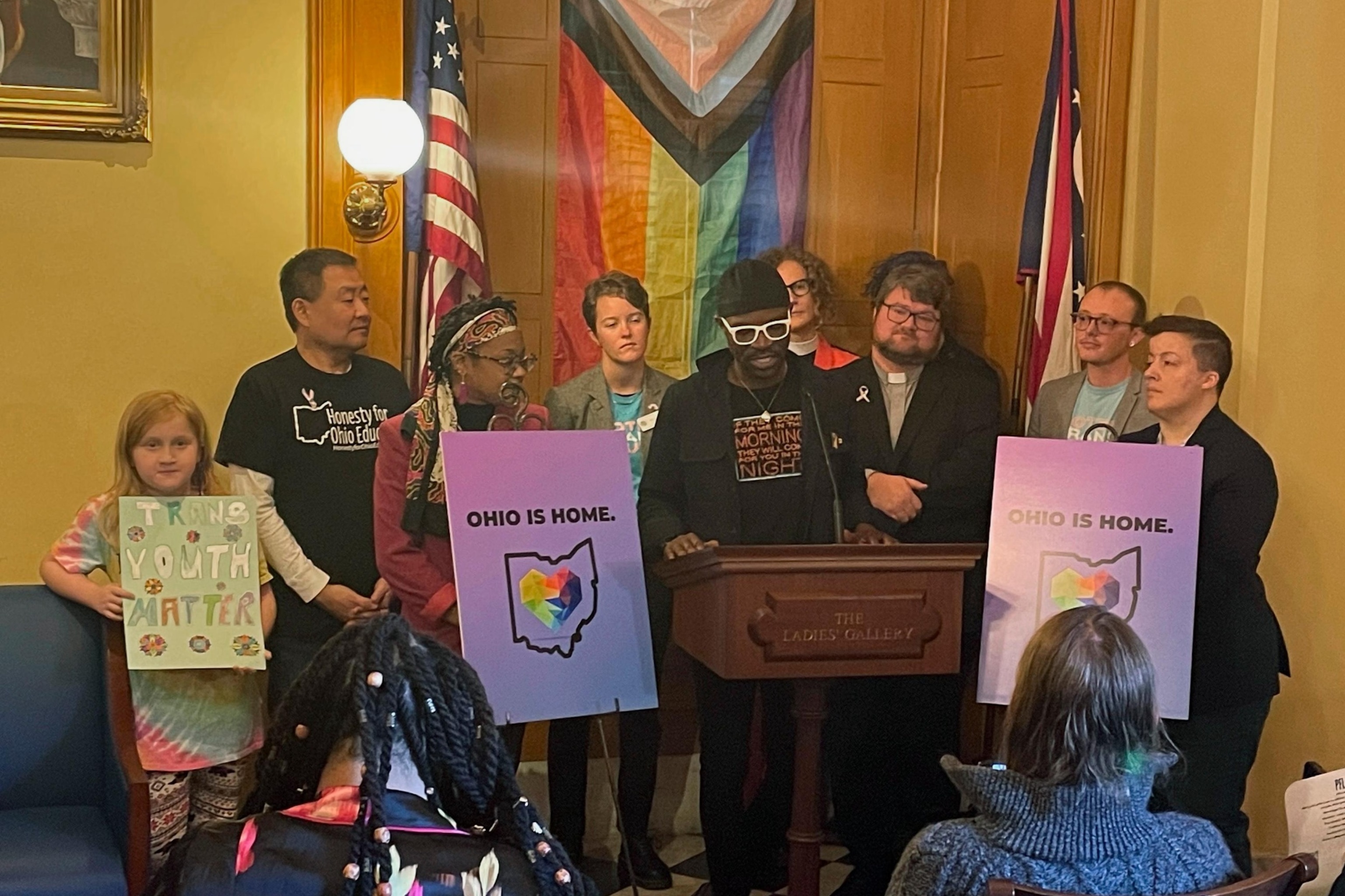 PHOTO: Organizers including clergy, business owners, social workers and transgender individuals gather in the Ohio Statehouse for a press conference on Wednesday, Dec. 13, 2023, in Columbus, Ohio.