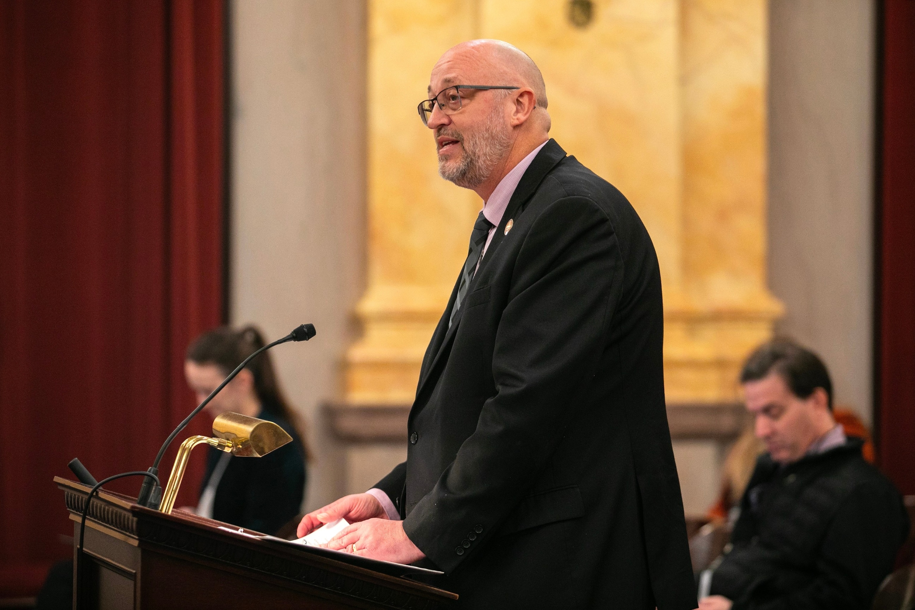 PHOTO: State Representative Gary Click, R-Ohio, speaks at a hearing for the Saving Adolescents from Experimentation (SAFE) Act at the Ohio Statehouse, Nov. 15, 2023, in Columbus, Ohio. 
