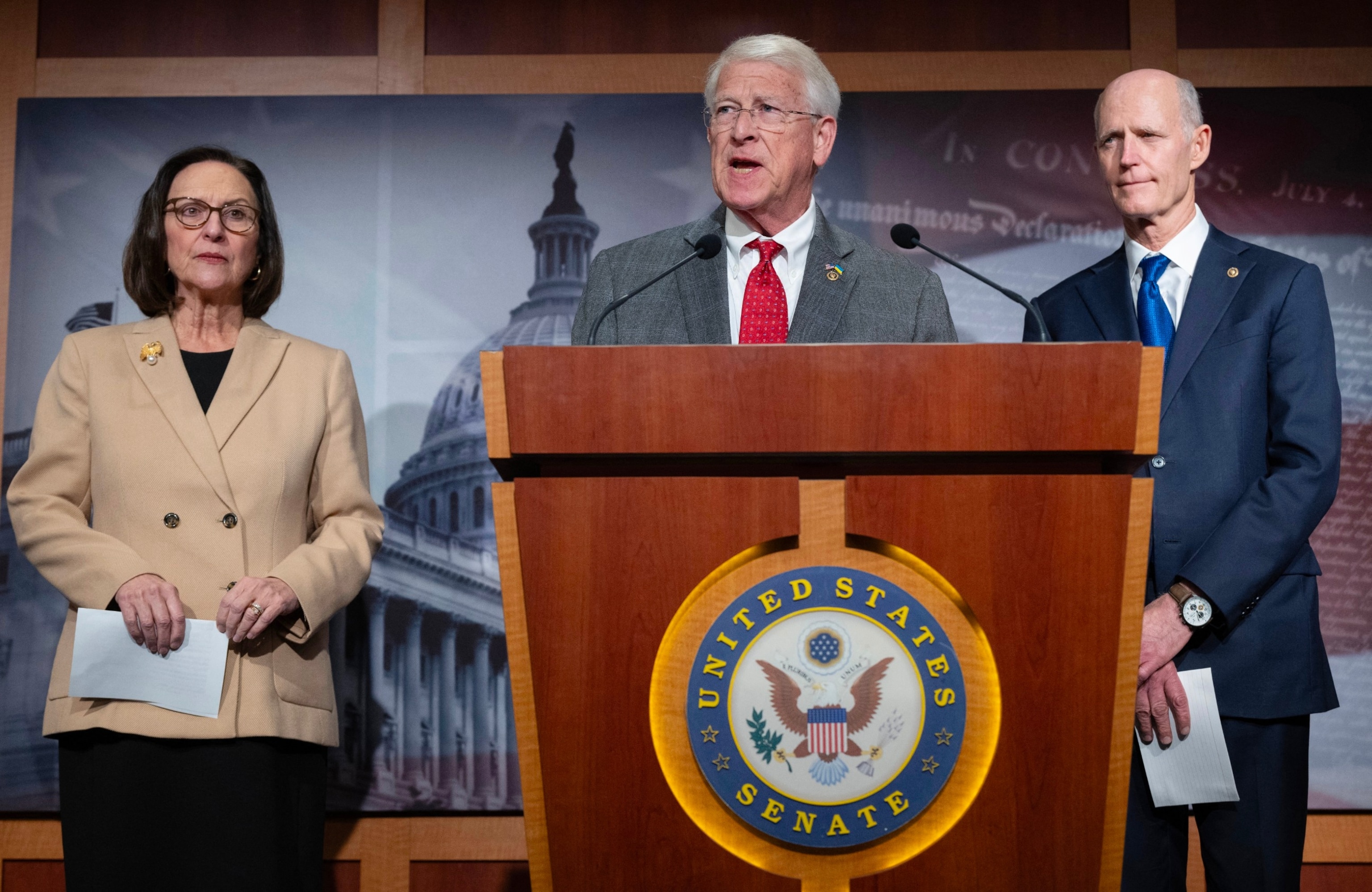 PHOTO: Sen. Roger Wicker, R-Miss., speaks during a press conference alongside Sen. Tim Scott, R-Fla., right, and Sen. Deb Fischer, R-Neb., at Capitol Hill, Jan. 11, 2024, in Washington.