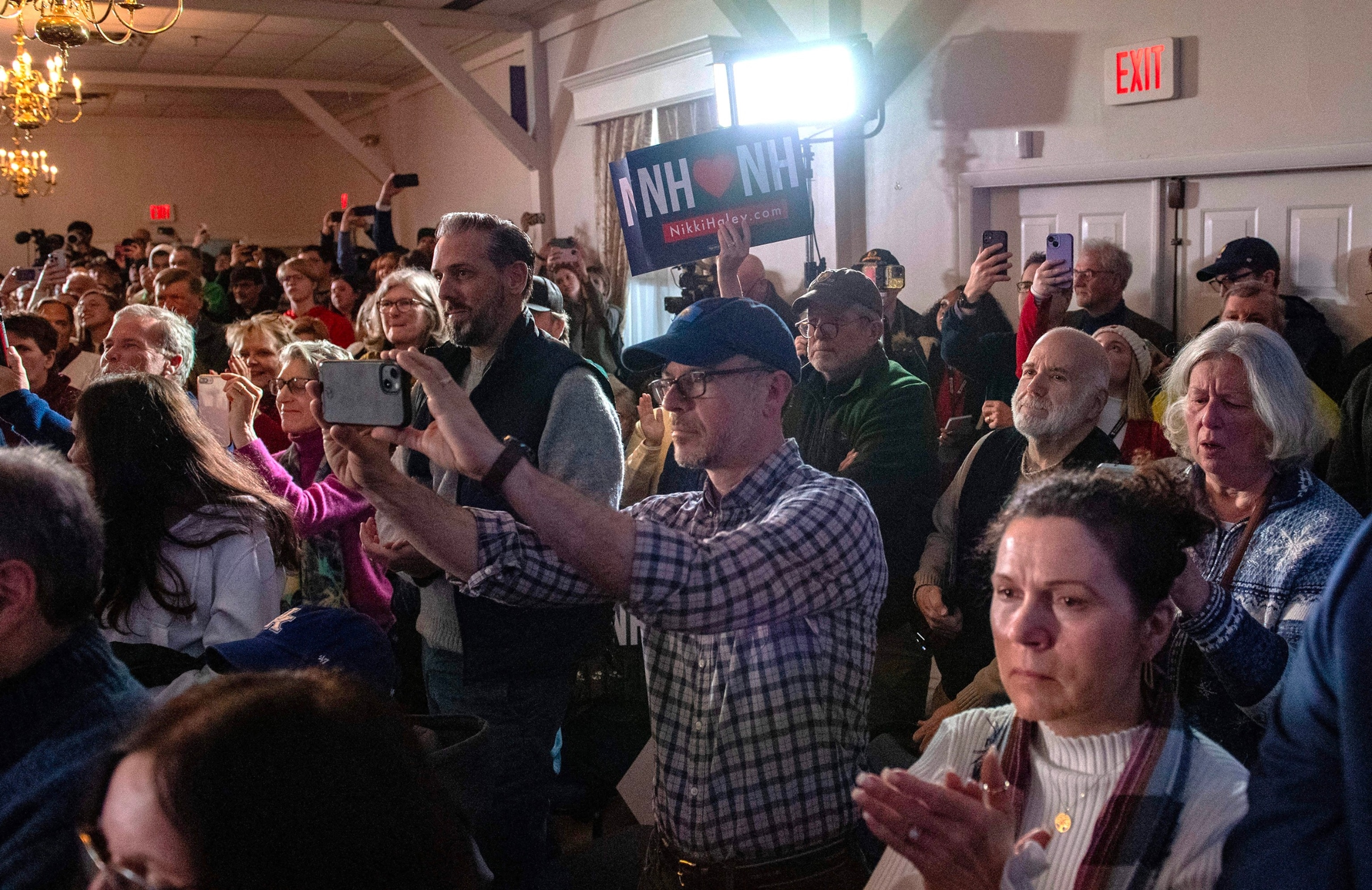 PHOTO: Supporters welcome Republican presidential hopeful and former UN Ambassador Nikki Haley to a campaign event in Keene New Hampshire, on Jan. 20, 2024. 