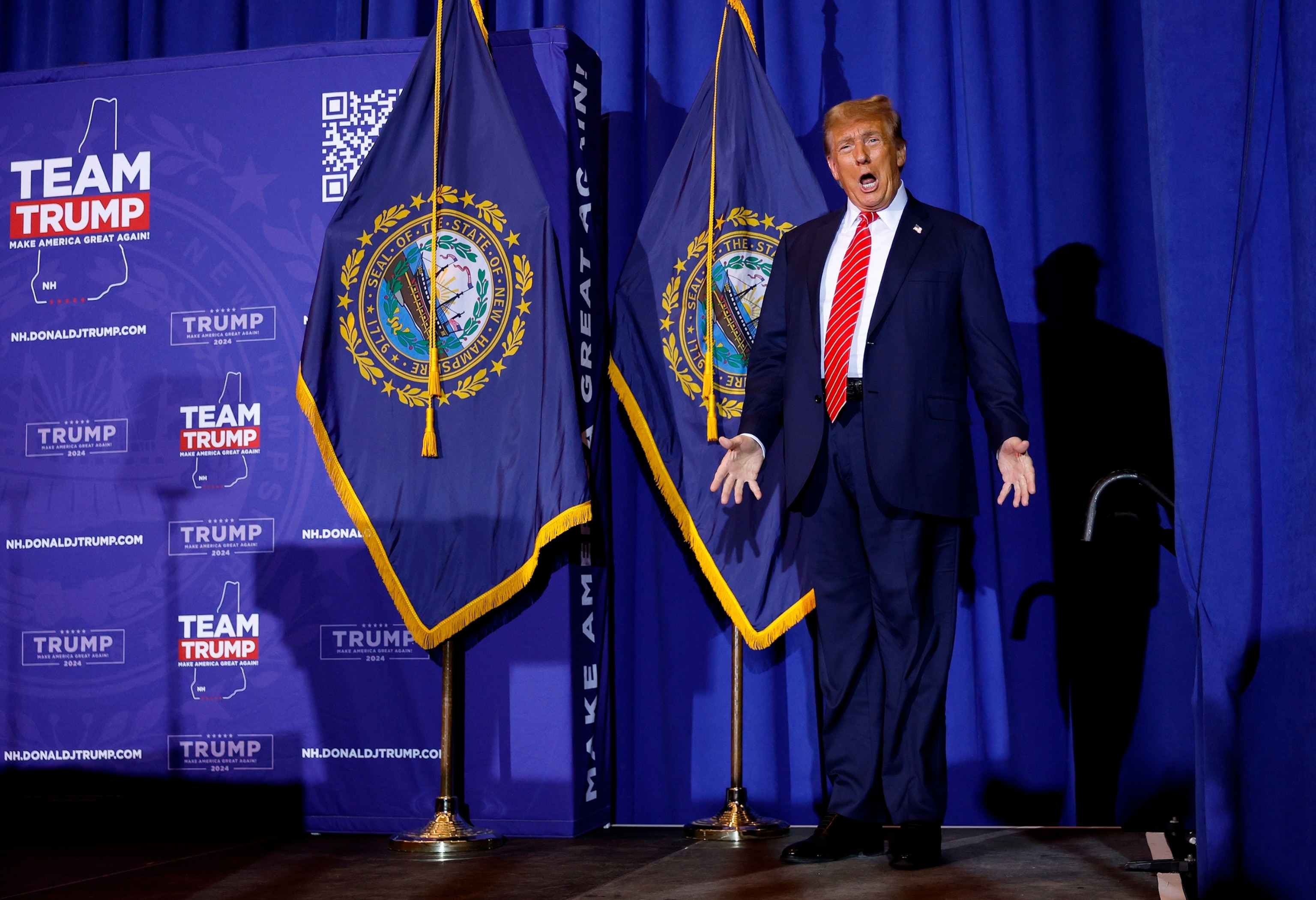 PHOTO: Republican presidential candidate and former President Donald Trump greets the crowd during a campaign rally at the Grappone Convention Center, on Jan. 19, 2024, in Concord, New Hampshire. 