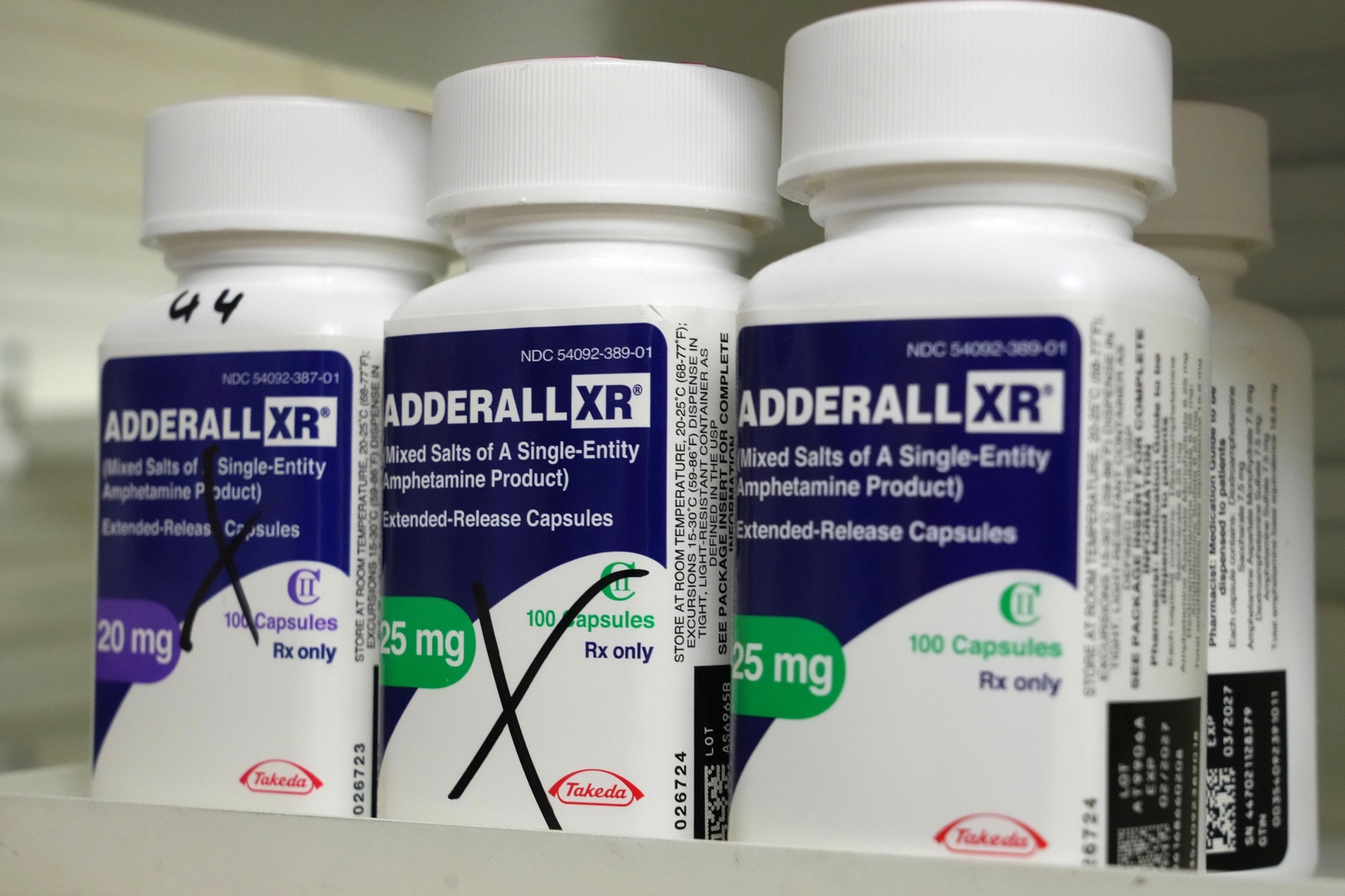 PHOTO: In this Nov. 30, 2023, file photo, Takeda Pharmaceutical Co. Adderall XR brand medication is shown on a shelf at a pharmacy in Provo, Utah.