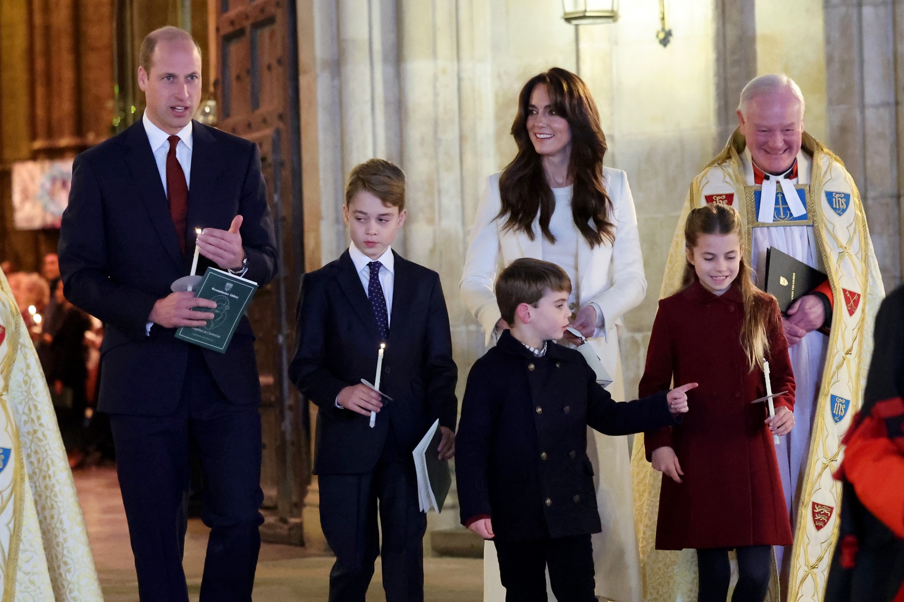 PHOTO: Prince William, Prince of Wales, Prince George of Wales, Prince Louis of Wales, Catherine, Princess of Wales and Princess Charlotte of Wales attend The "Together At Christmas" Carol Service at Westminster Abbey, Dec. 8, 2023, in London.