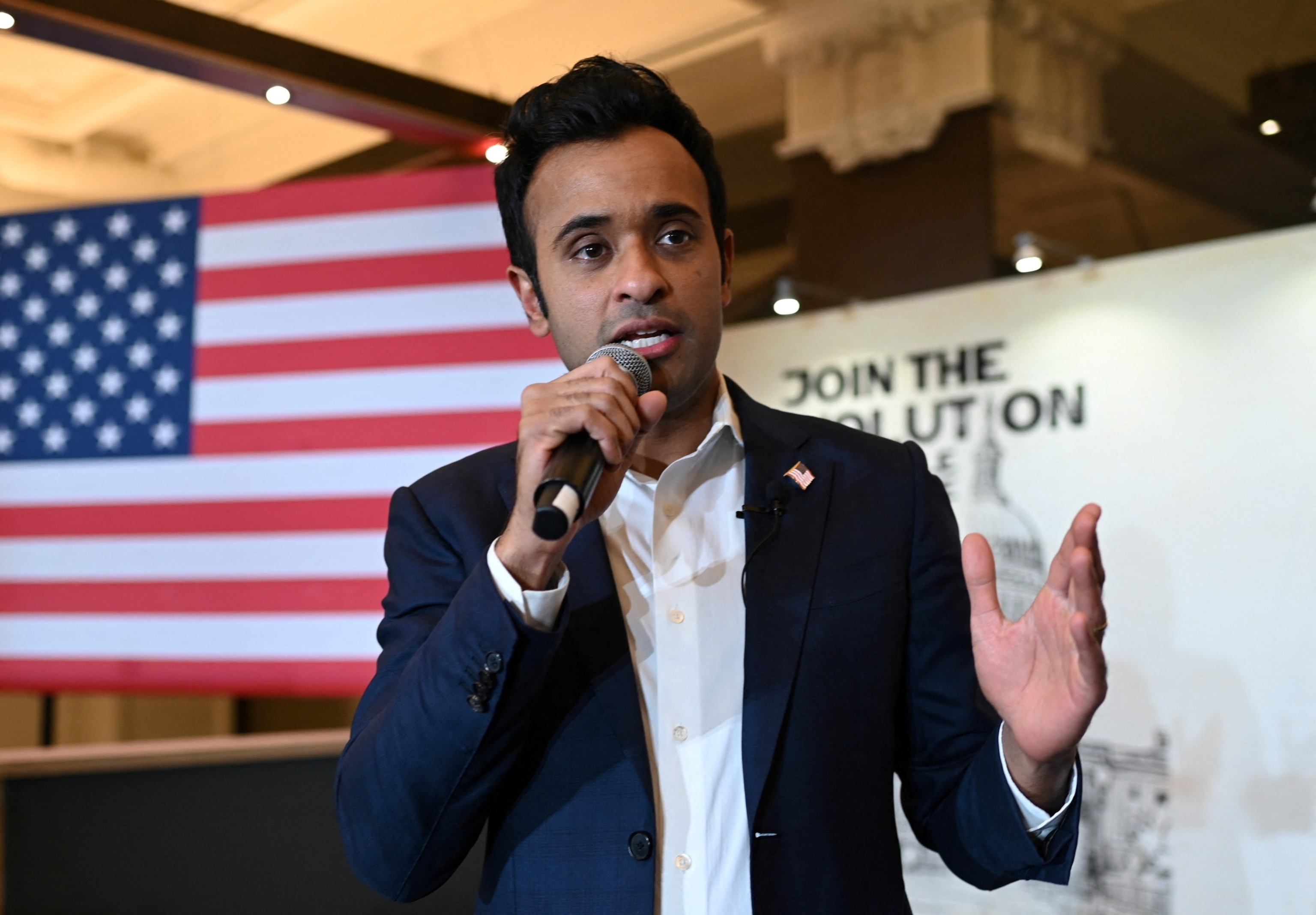 PHOTO: Republican presidential candidate and businessman Vivek Ramaswamy speaks to supporters at his Iowa caucus night watch party after suspending his campaign and endorsing former U.S. President Donald Trump in Des Moines, Iowa, Jan. 15, 2024. 