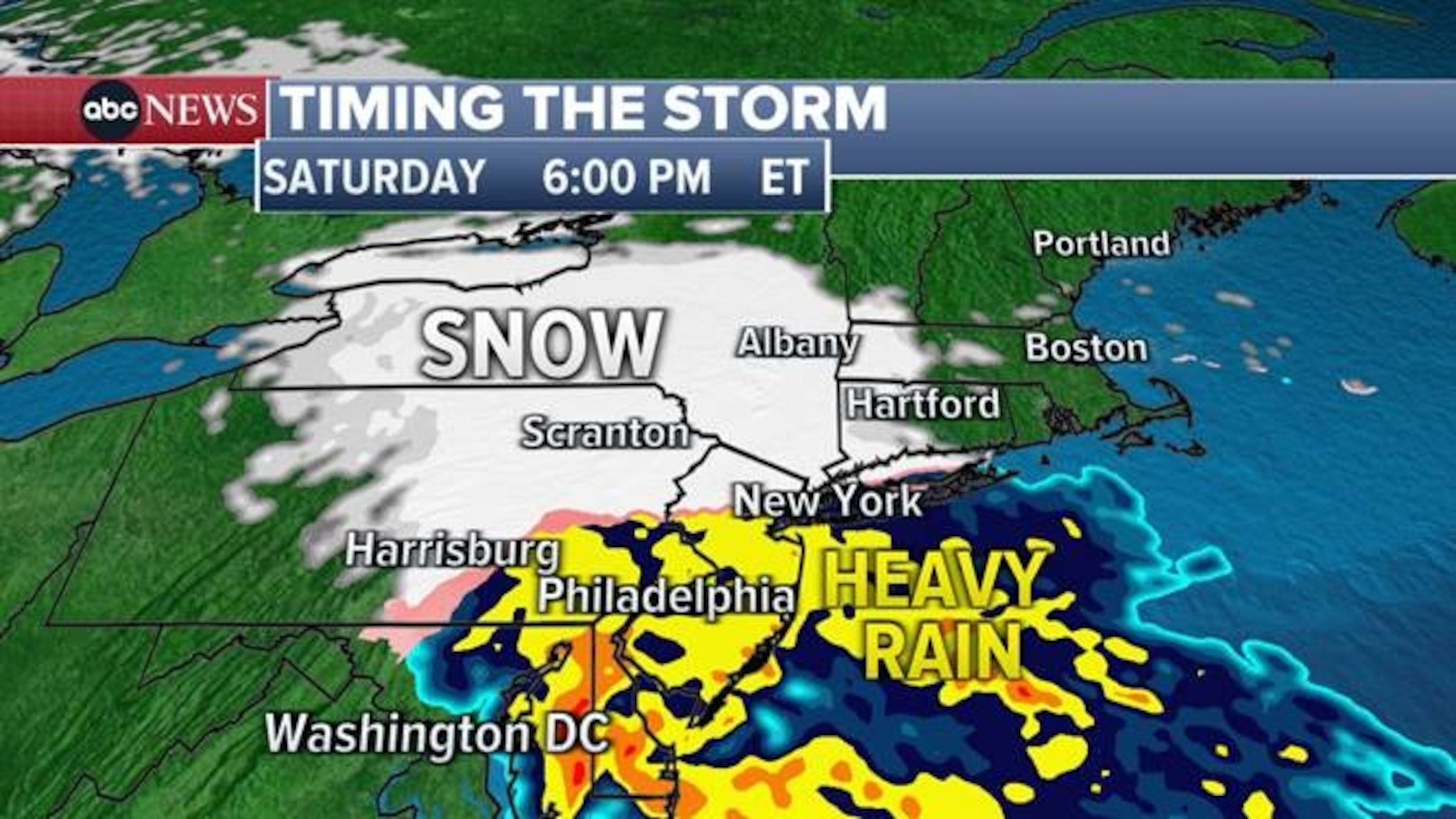 PHOTO: The heaviest snow will fall inland in the Northeast, while the major cities will mostly receive rain.