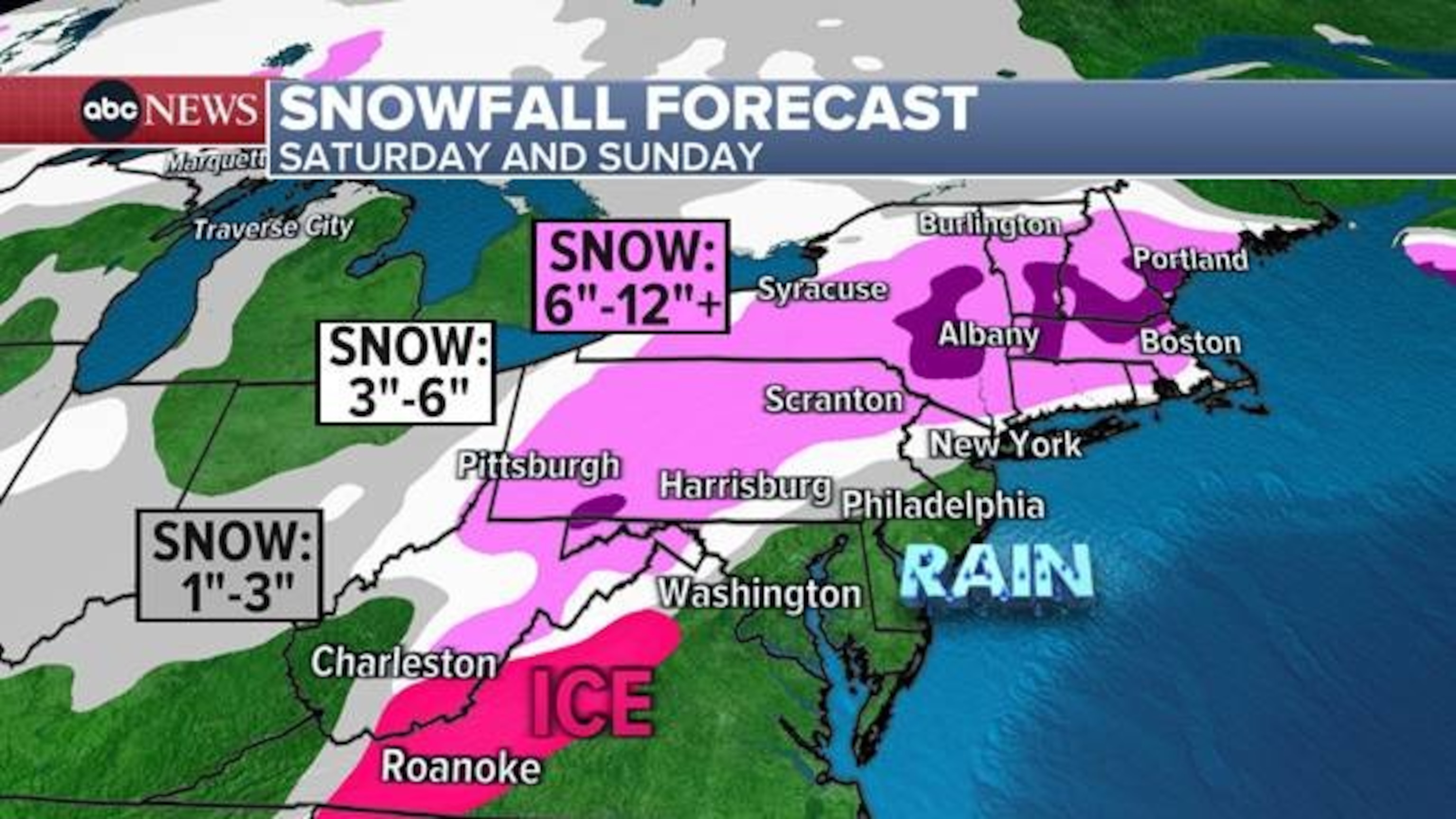 PHOTO: Boston; Albany, New York; and Hartford, Connecticut, could receive over 6 inches of snow, while snow-starved Philadelphia and New York City will likely receive little accumulation.