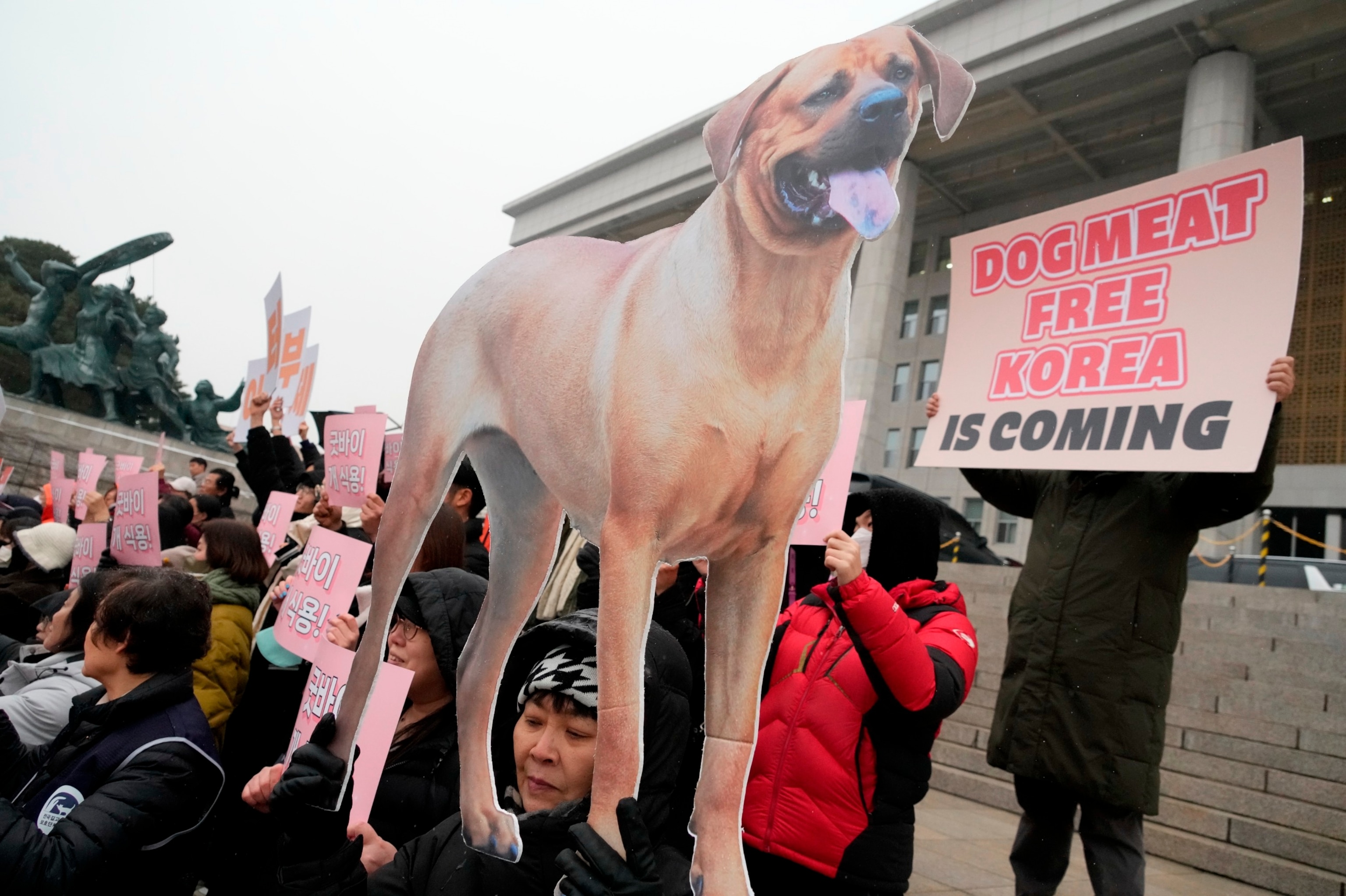 PHOTO: Animal rights activists attend a protest rally supporting the government-led dog meat banning bill at the National Assembly in Seoul, South Korea, Tuesday, Jan. 9, 2024.