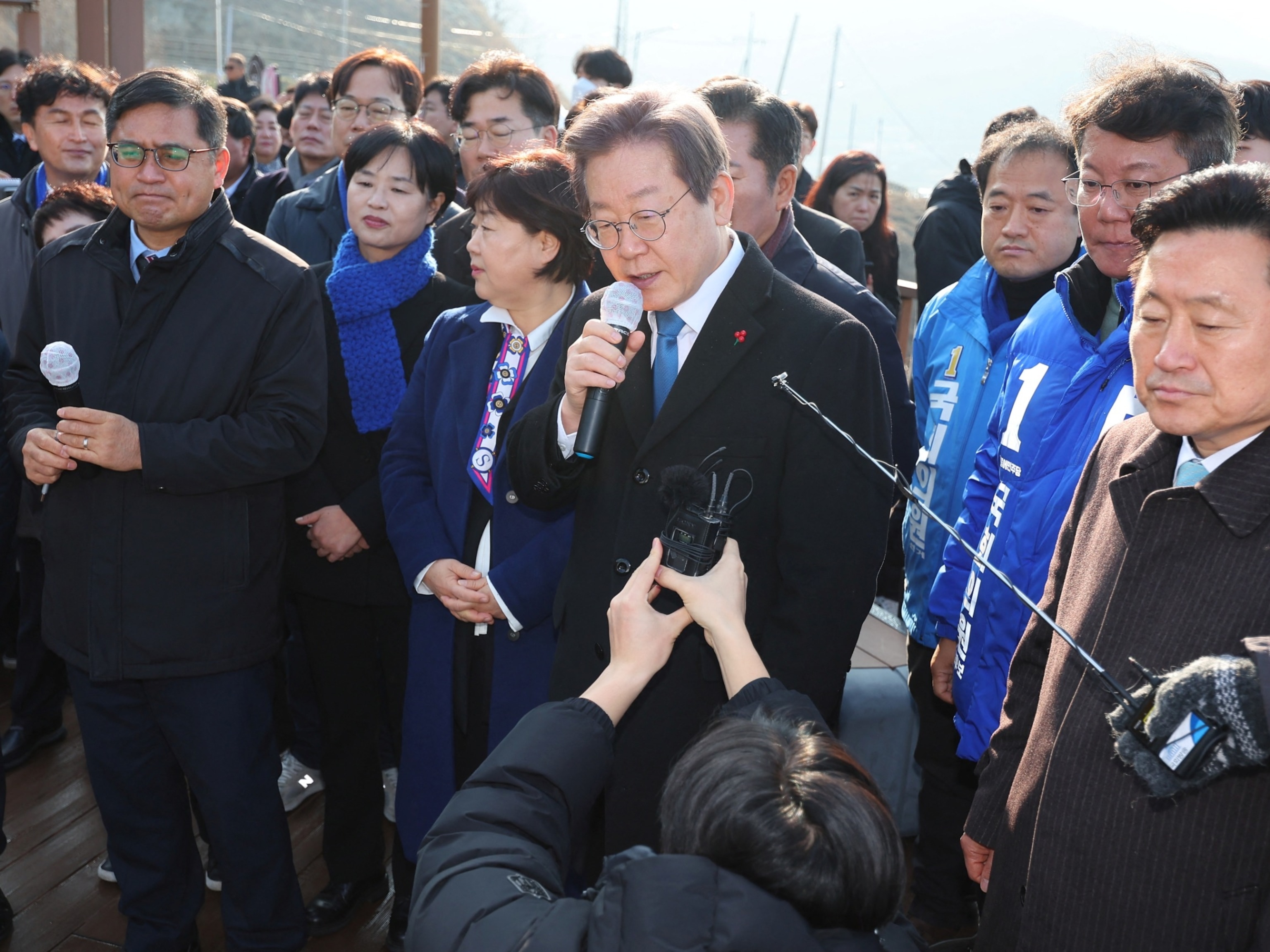 PHOTO: South Korea's opposition party leader Lee Jae-myung speaks during his visit to Busan, South Korea, Jan. 2, 2024. 