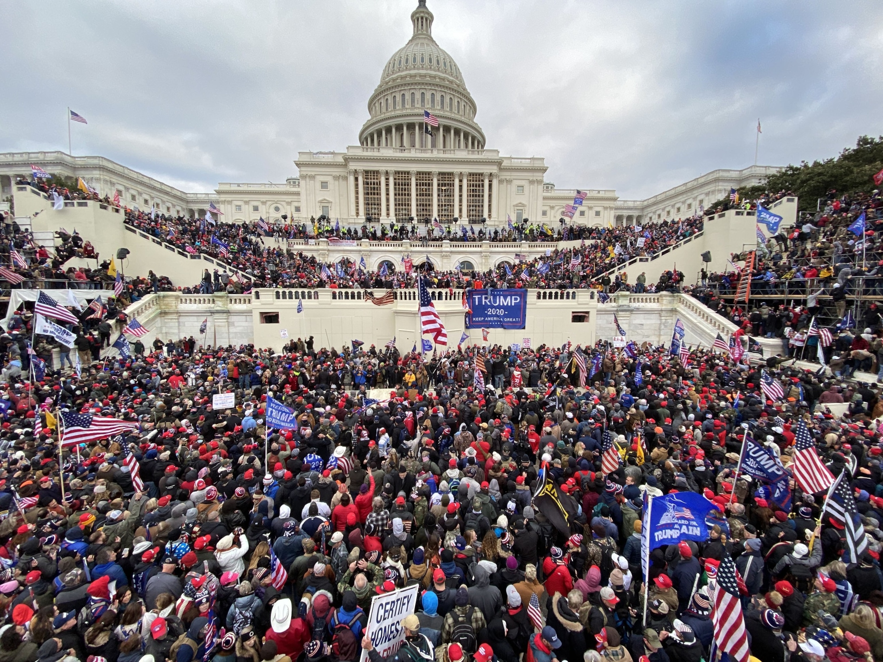 PHOTO: President Donald Trumps supporters gather outside the Capitol building in Washington D.C., Jan. 6, 2021.