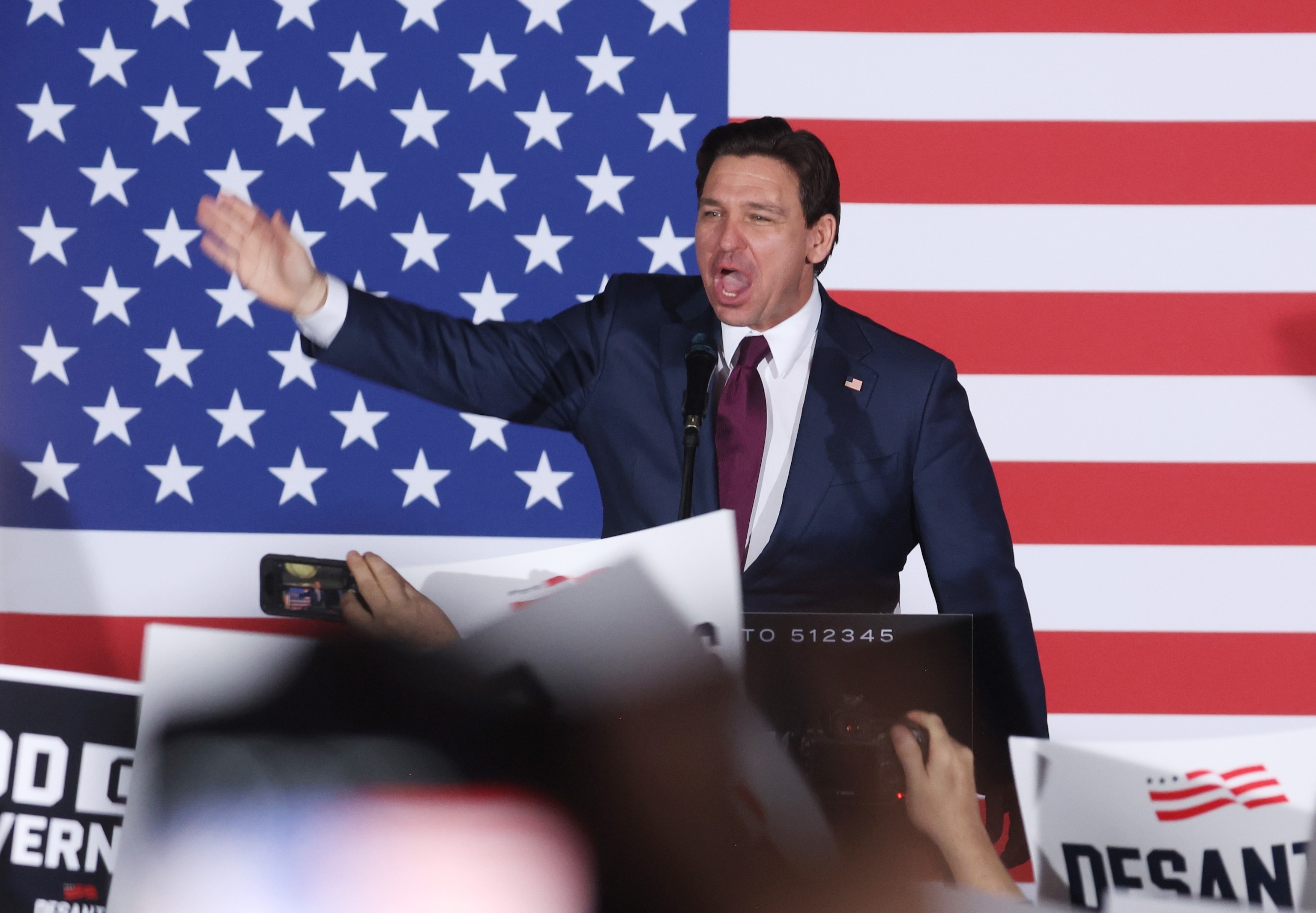 PHOTO: Republican presidential candidate Florida Gov. Ron DeSantis speaks at his caucus night event, Jan. 15, 2024 in West Des Moines, Iowa.