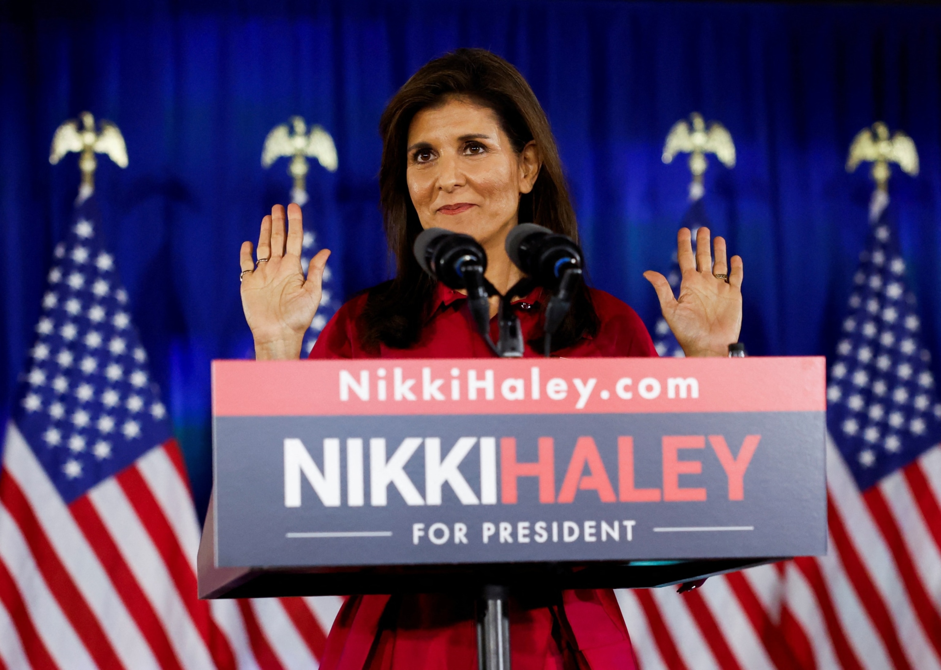 PHOTO: Republican presidential candidate and former U.S. Ambassador to the United Nations Nikki Haley speaks to the crowd at a caucus night party in West Des Moines, Iowa, Jan. 15, 2024. 