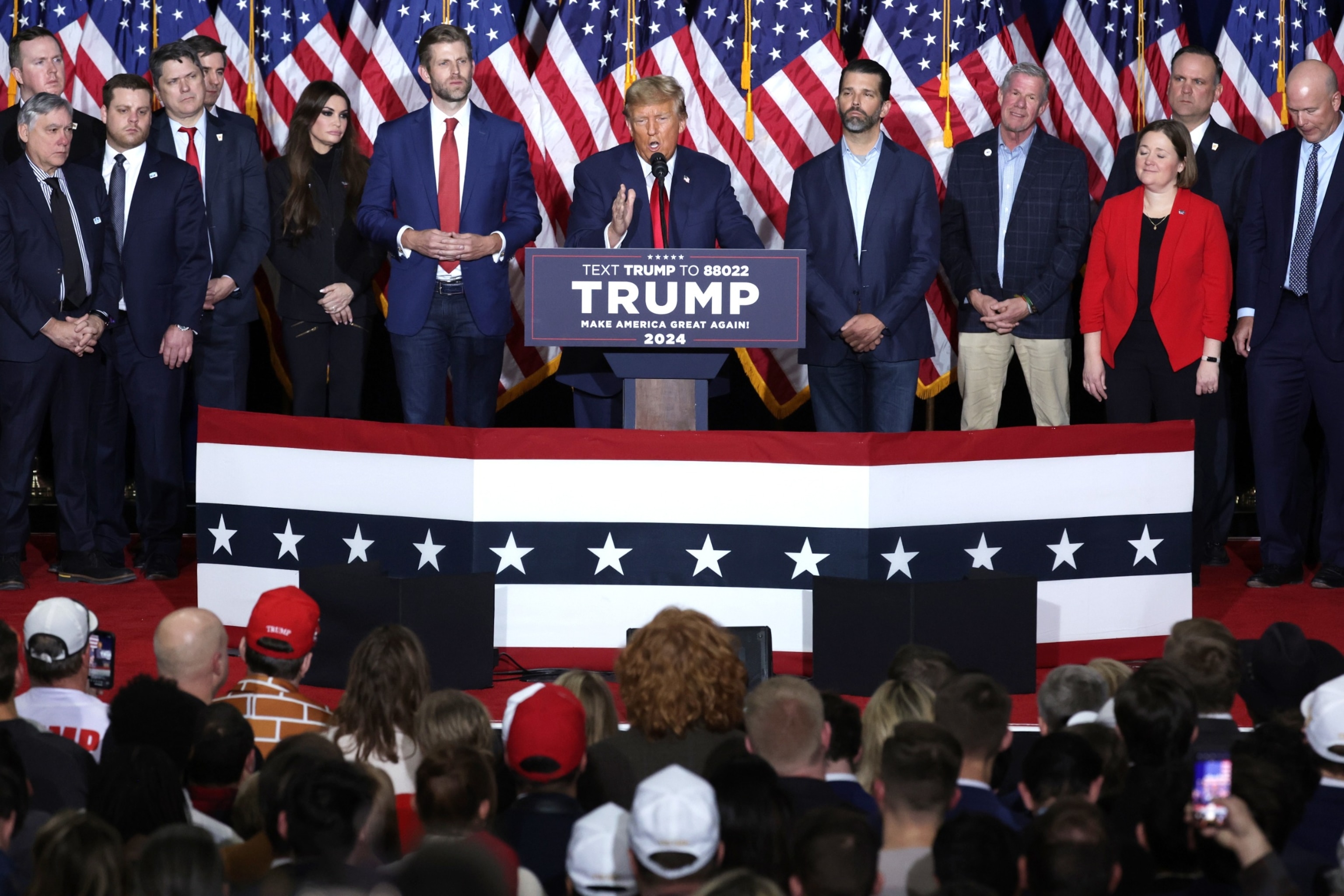 PHOTO: Former President Donald Trump speaks at his caucus night event at the Iowa Events Center, Jan. 15, 2024 in Des Moines, Iowa. 