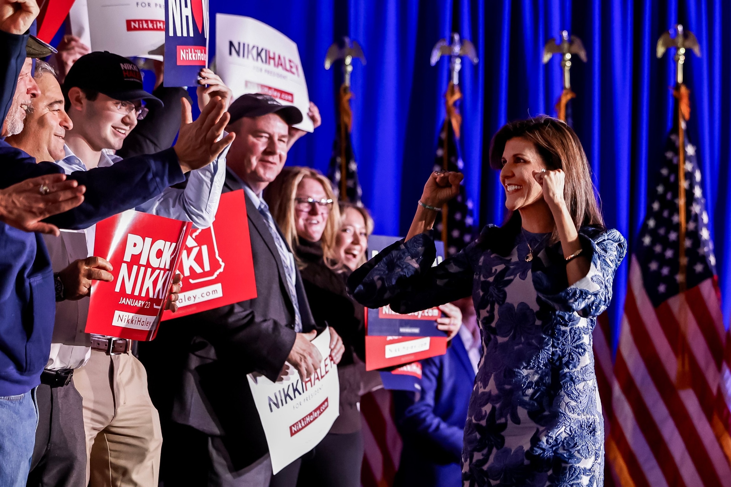 PHOTO: Republican presidential candidate Nikki Haley (R) reacts with supporters on Primary Election Day in Concord, New Hampshire, Jan. 23 2024. 
