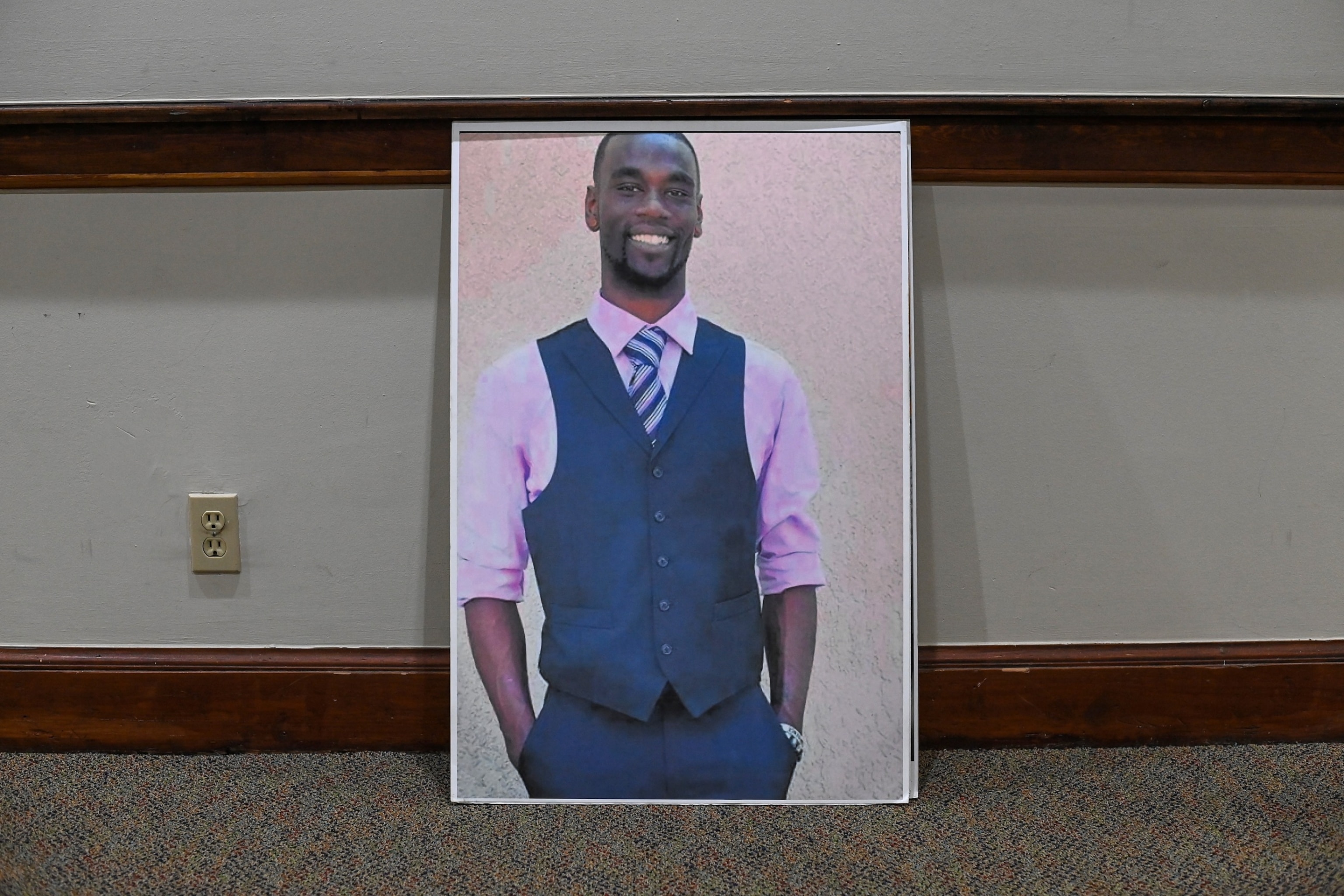 PHOTO: A photo of Tyre Nichols is displayed outside the sanctuary during church service at Mt. Olive Cathedral CME Church, Jan. 29, 2023, in Memphis, Tenn.