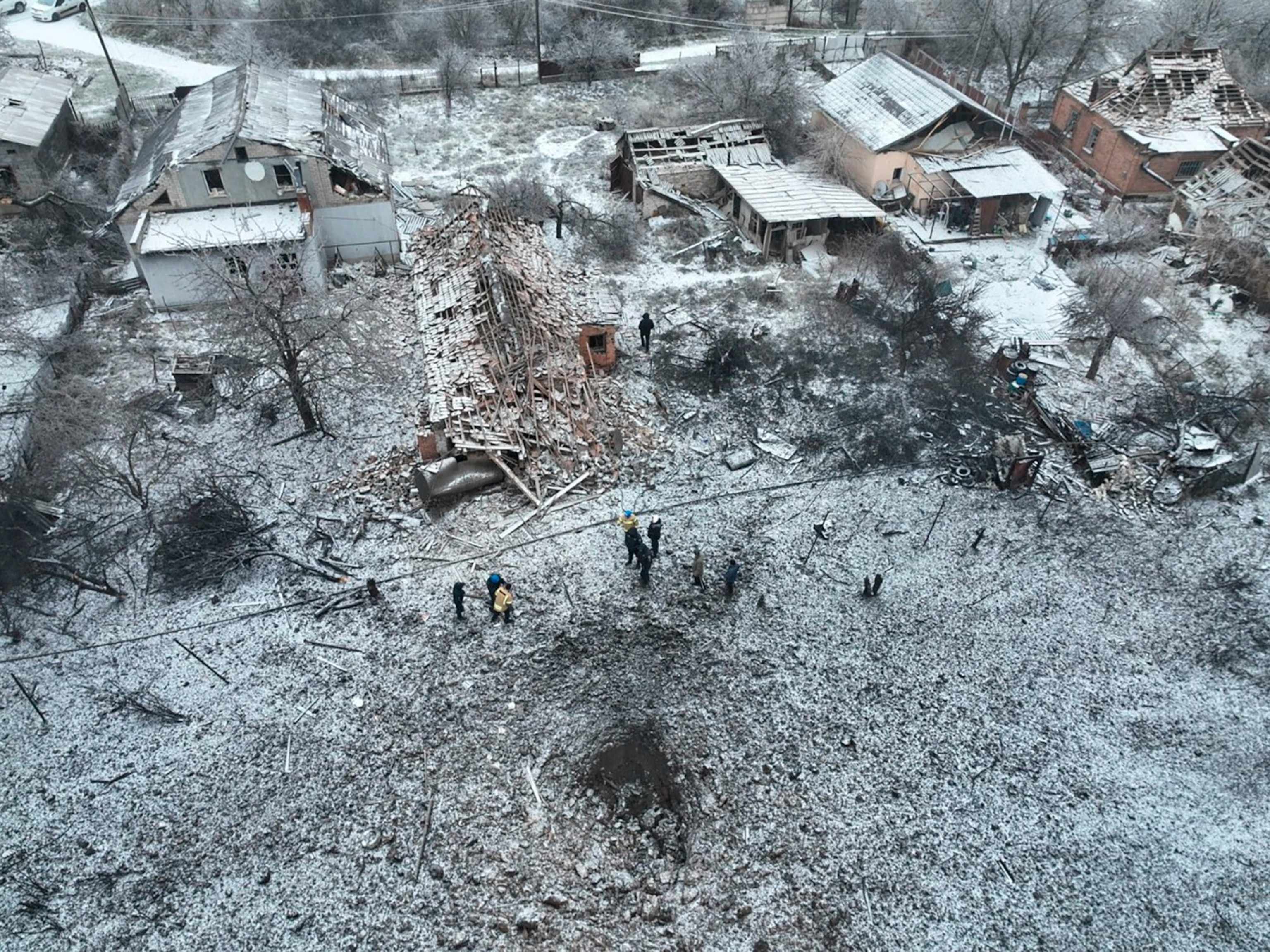 PHOTO: In this photo provided by the Ukrainian Emergency Service, a view of private houses damaged by a Russian missile attack in Novomoskovsk near Kryvyi Rih, Ukraine, Jan. 8, 2024. 
