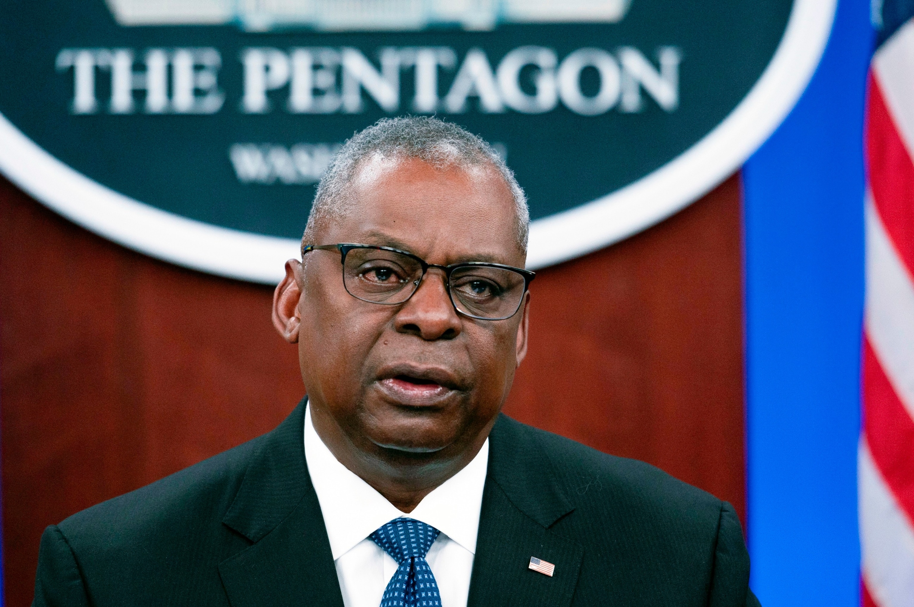 PHOTO: Secretary of Defense Lloyd Austin speaks at a virtual Ukraine Defense Contact Group (UDCG) meeting, Nov. 22, 2023, at the Pentagon.