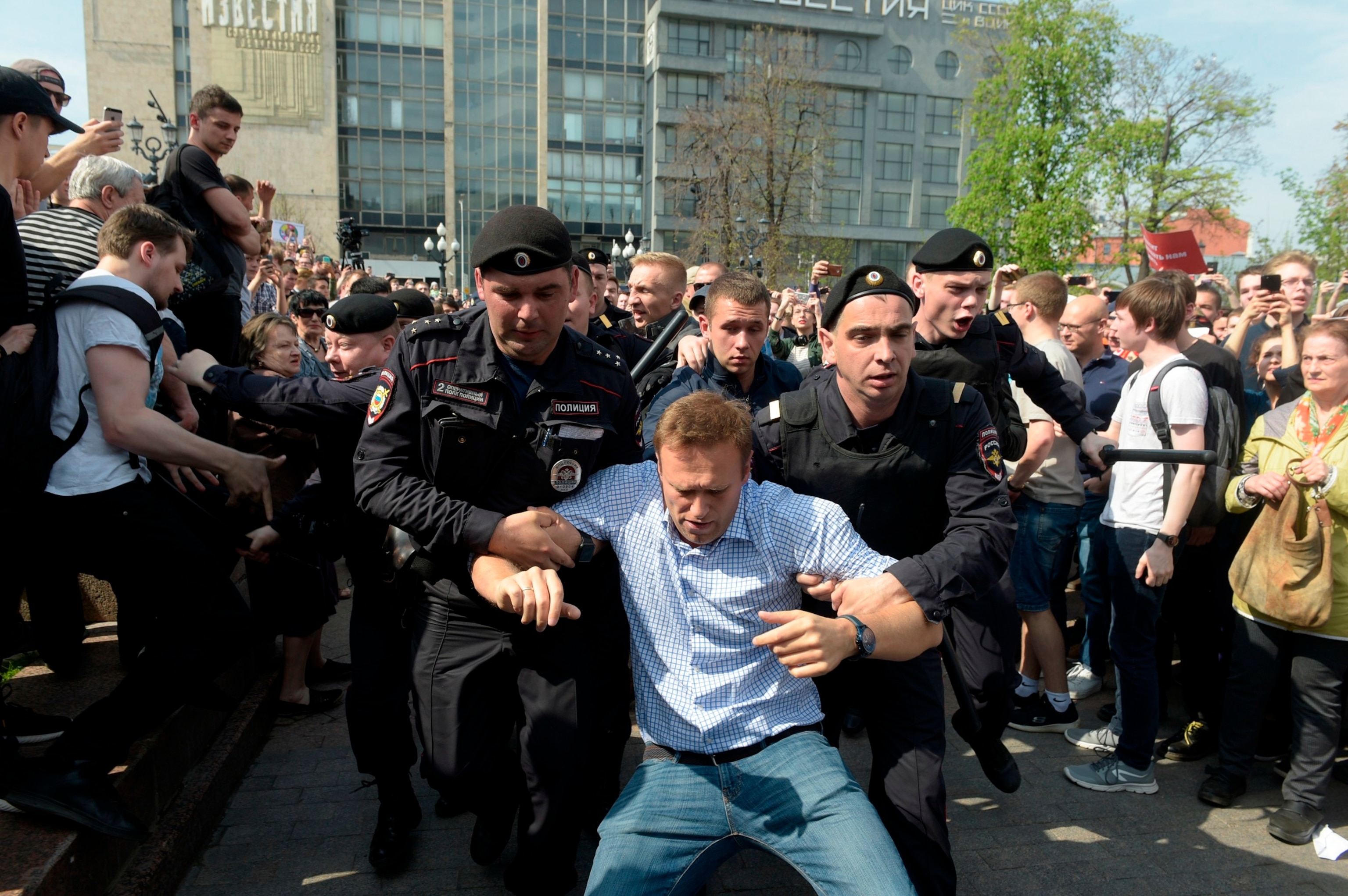 PHOTO: In this May 5, 2018, file photo, Alexei Navalny is detained during an anti-Putin protest rally in Pushkin Square in Moscow.