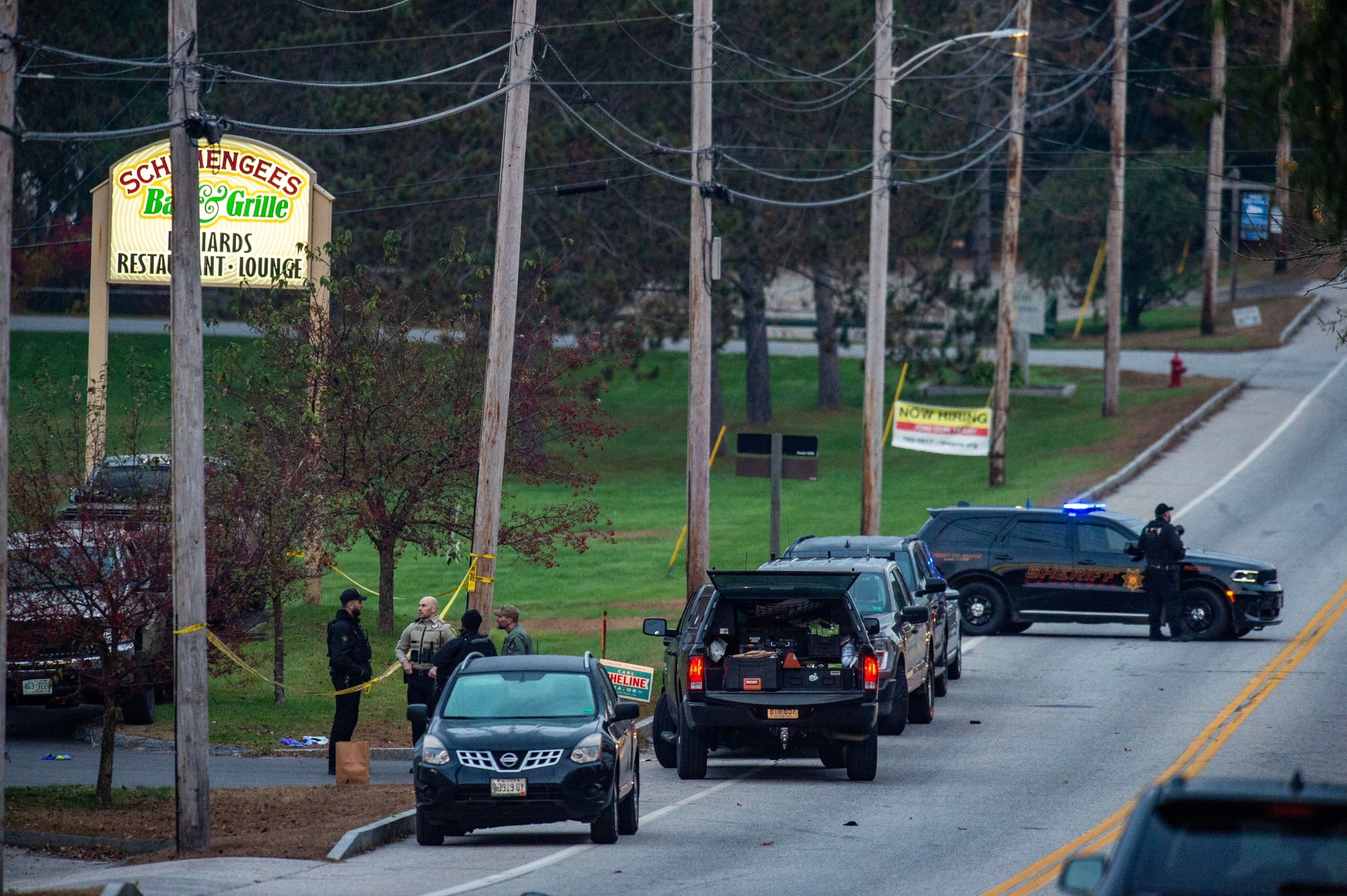 PHOTO: Police presence at Schemengees Bar where a mass shooting occurred yesterday in Lewiston, Maine, Oct. 26, 2023. 