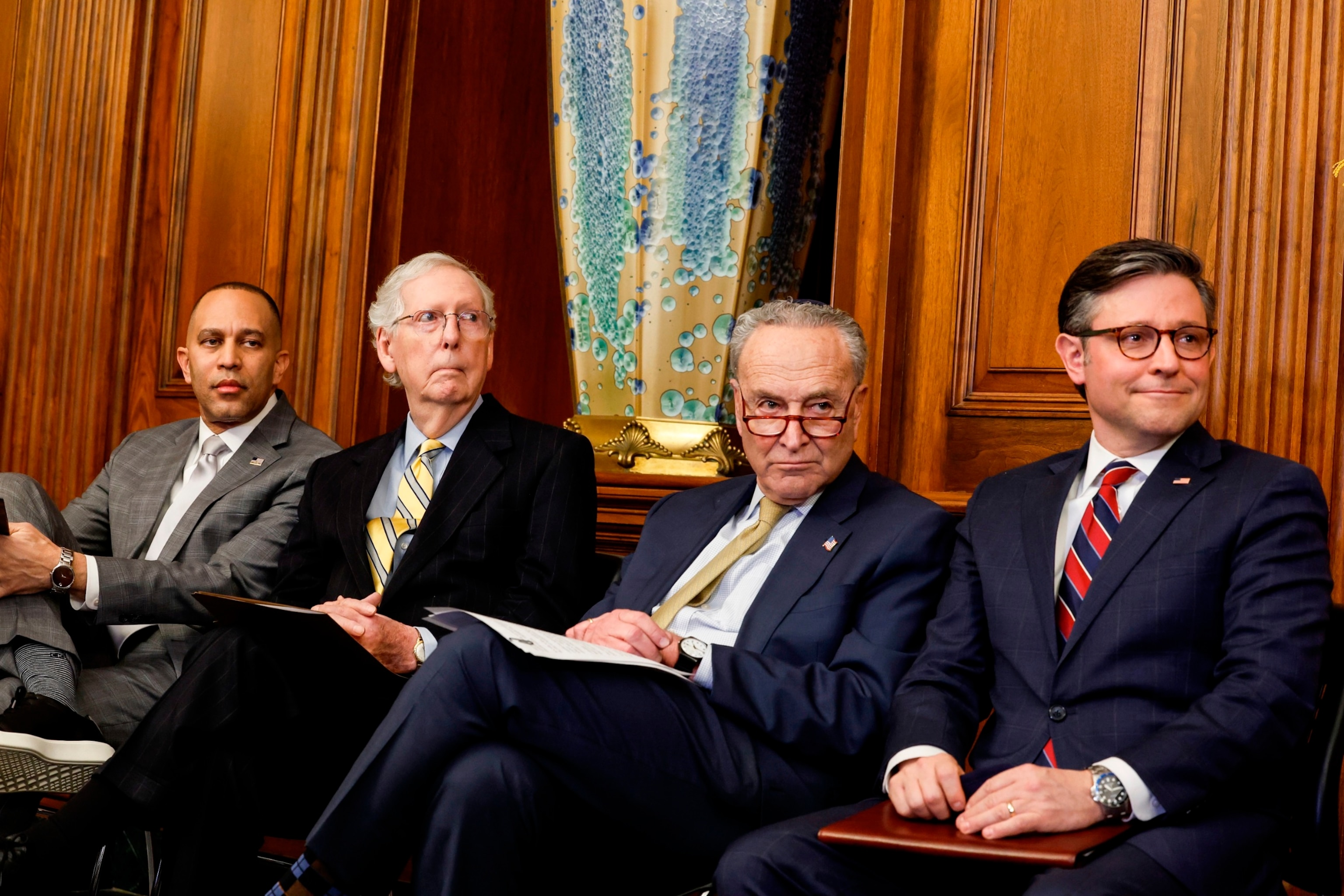 PHOTO: (L-R) House Minority Leader Jeffries (D-NY), Senate Minority Leader McConnell (R-KY), Senate Majority Leader Schumer (D-NY) and Speaker of the House Johnson (R-LA) at the Capitol Building on Dec. 12, 2023 in Washington, DC. 