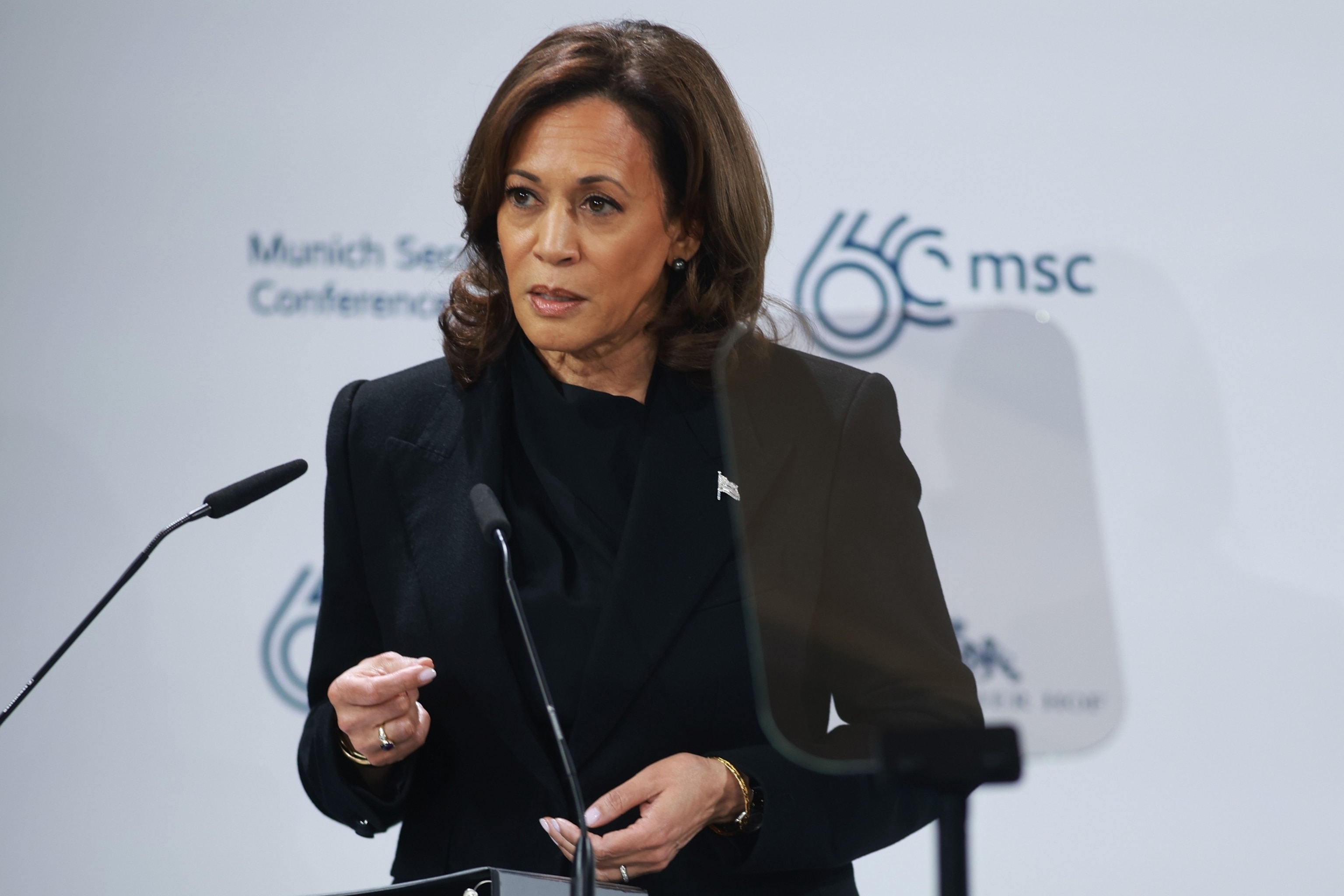 PHOTO: Vice President Kamala Harris speaks on stage at the 2024 Munich Security Conference, Feb. 16, 2024, in Munich.